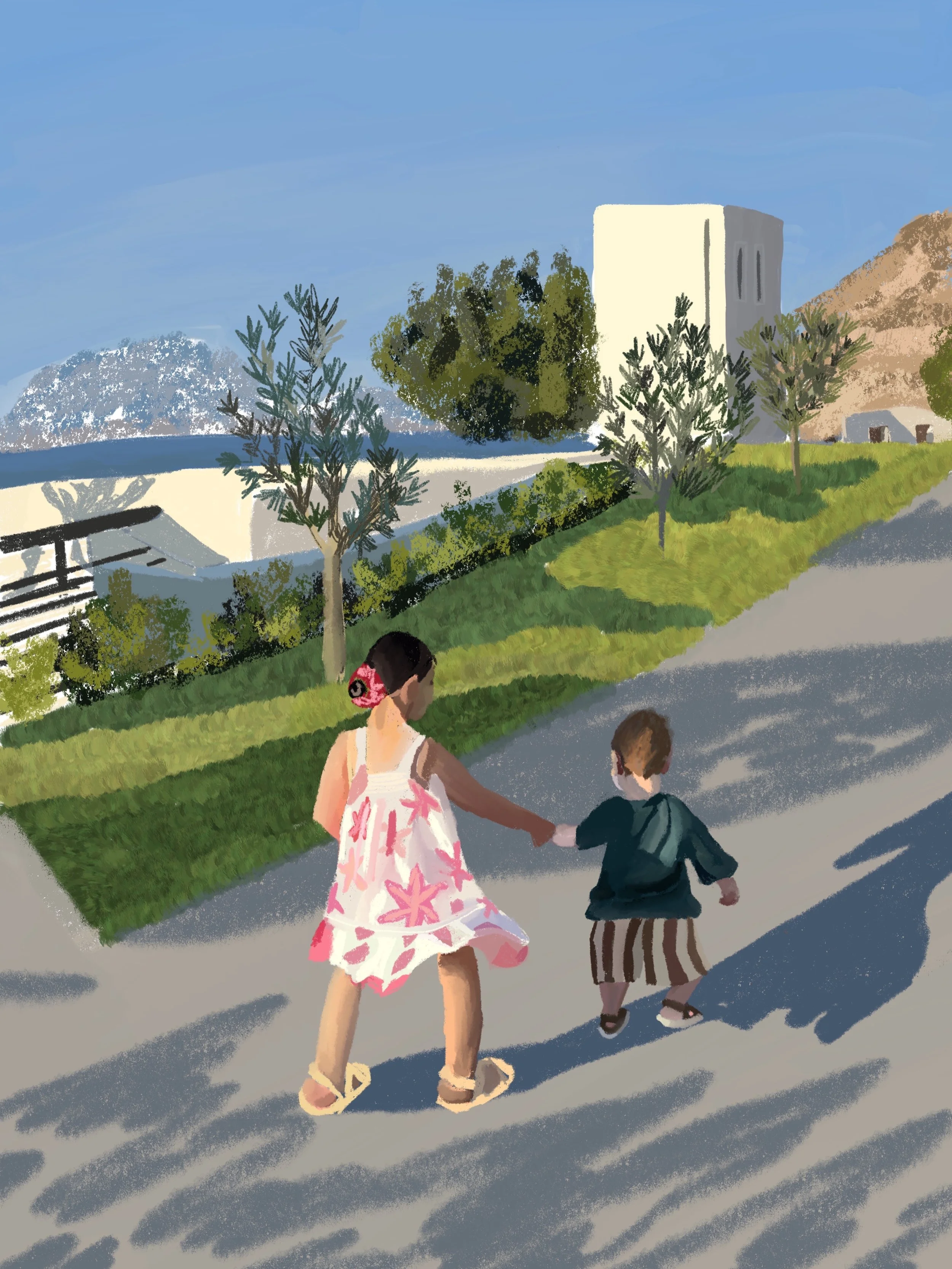 A woman and a young boy walking hand in hand on a sidewalk, with trees and a building in the background, on a sunny day.