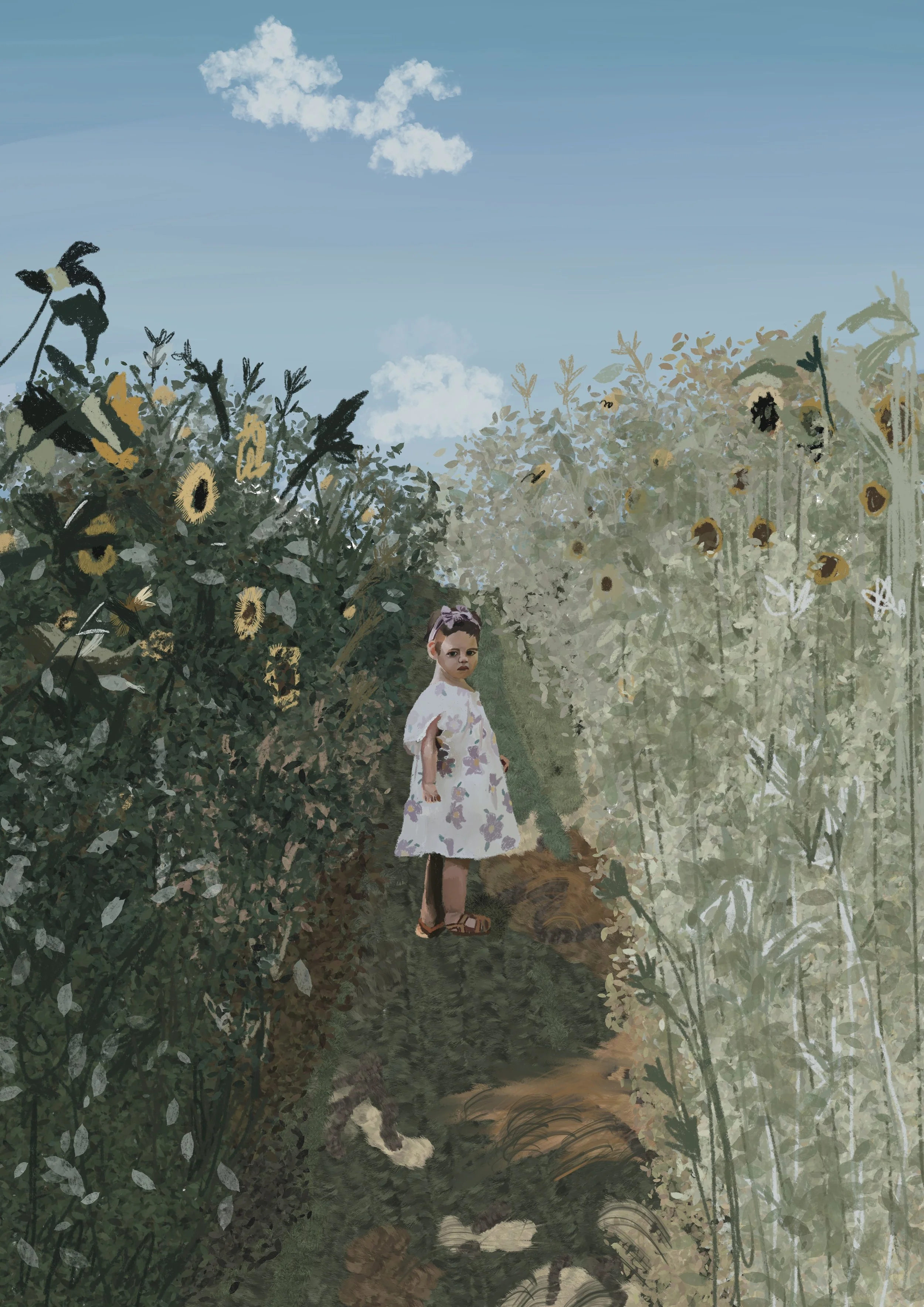 A young girl stands on a dirt path surrounded by tall sunflowers and foliage, with a blue sky and white clouds above. A dog is lying on the ground nearby.