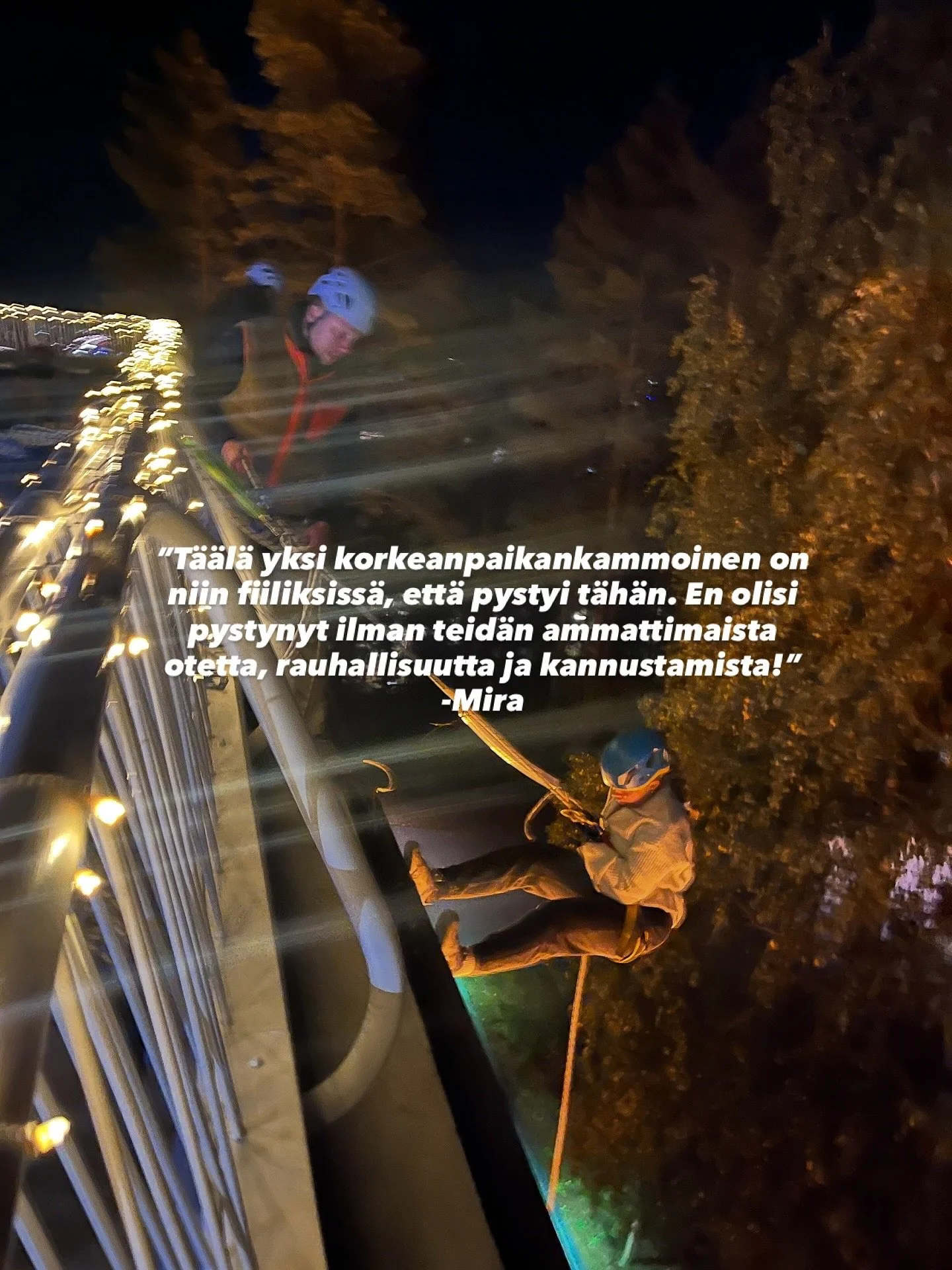 Kun pelko vaihtuu hallinnaksi.

Syksyn aikana k&ouml;ysilaskeutumisessa on p&auml;&auml;ssyt tapaamaan yli 100 rohkeaa tyyppi&auml;. Parasta syksyn aikana on ollut n&auml;hd&auml;, kun pelko vaihtuu hallinnaksi ja ep&auml;varmuus itseluottamukseksi. 