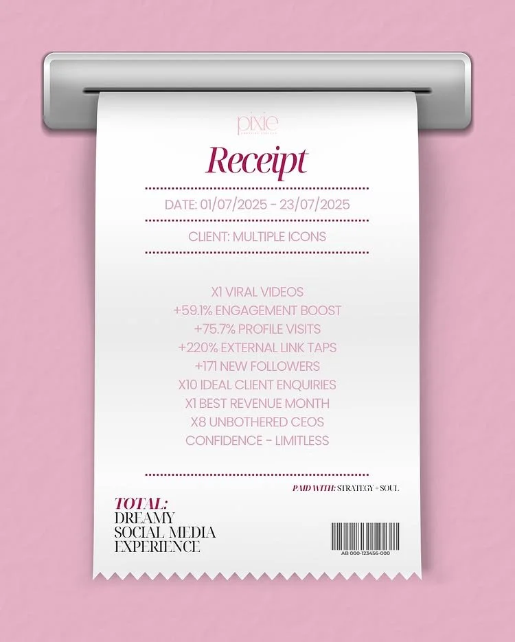 A printed receipt hanging from a metallic holder against a pink background, listing social media engagement statistics and achievements.