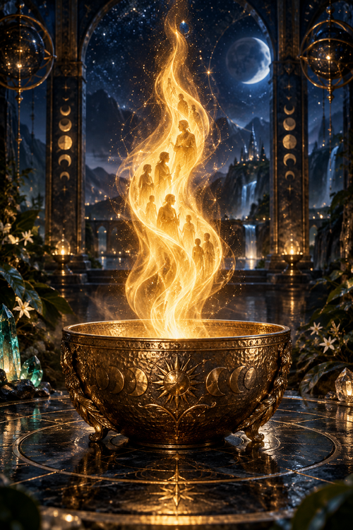 A golden flame filled with small ancestral silhouettes rising above a hammered bronze bowl in a celestial midnight sanctuary.