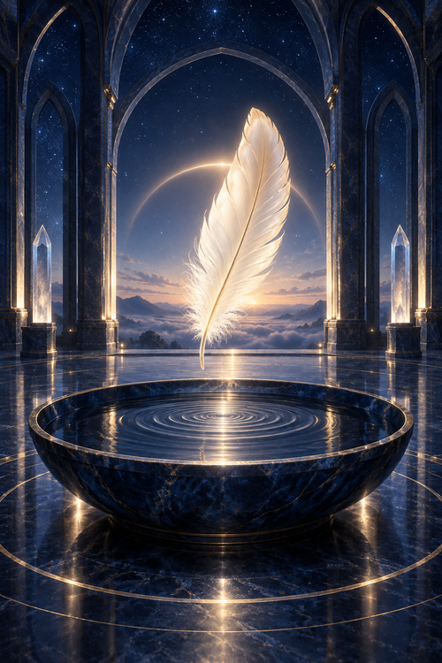A luminous ivory feather hovering above silver ripples in a dark sapphire basin.