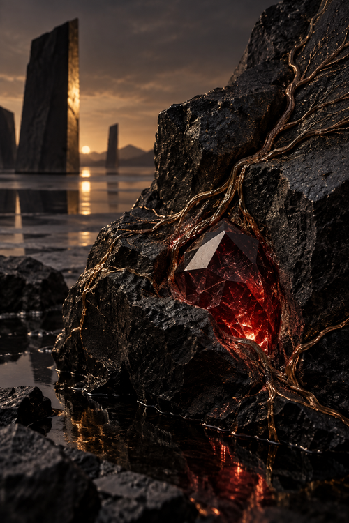 Deep red light within dark basalt, threaded with fine copper roots