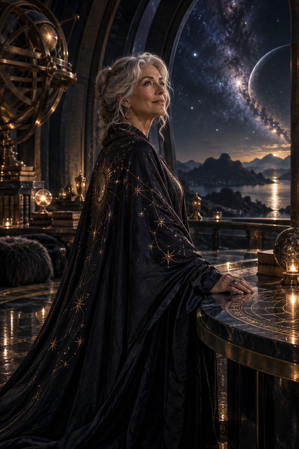 A luminous female starseed within a vast still observatory
