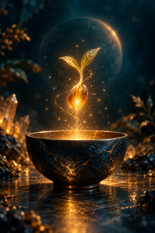 A glowing amber seed sprouting two golden leaves above a dark ceramic bowl.