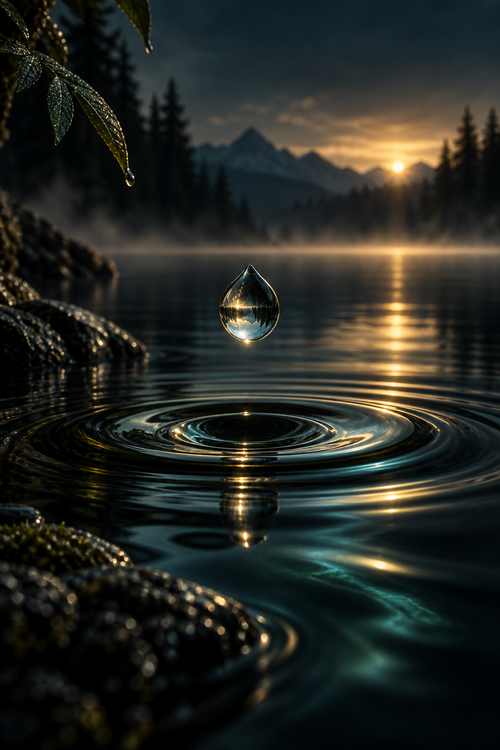 A clear droplet above dark water with a fine golden horizon