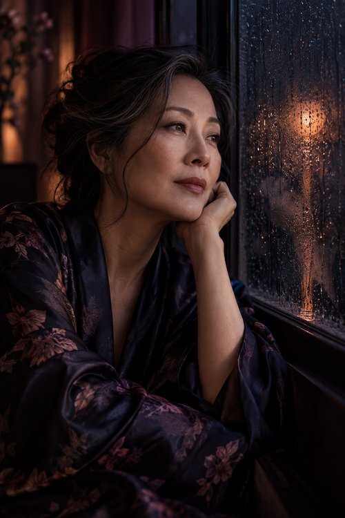 A mature woman beside a rain-speckled window with soft copper light