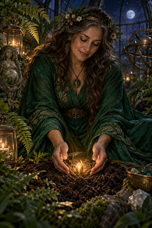 An earth goddess in an emerald robe tending a glowing seed among ferns in a moonlit conservatory.
