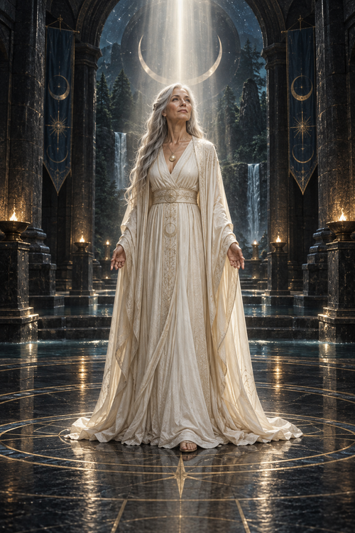 Silver-haired woman in flowing ivory robes stands with open hands beneath a pearl shaft of light in a dark stone sanctuary.