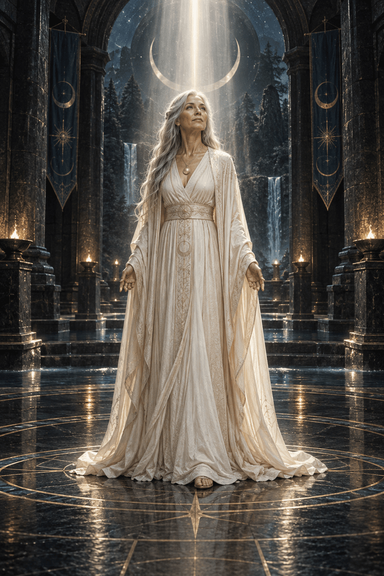 Silver-haired woman in flowing ivory robes stands with open hands beneath a pearl shaft of light in a dark stone sanctuary.