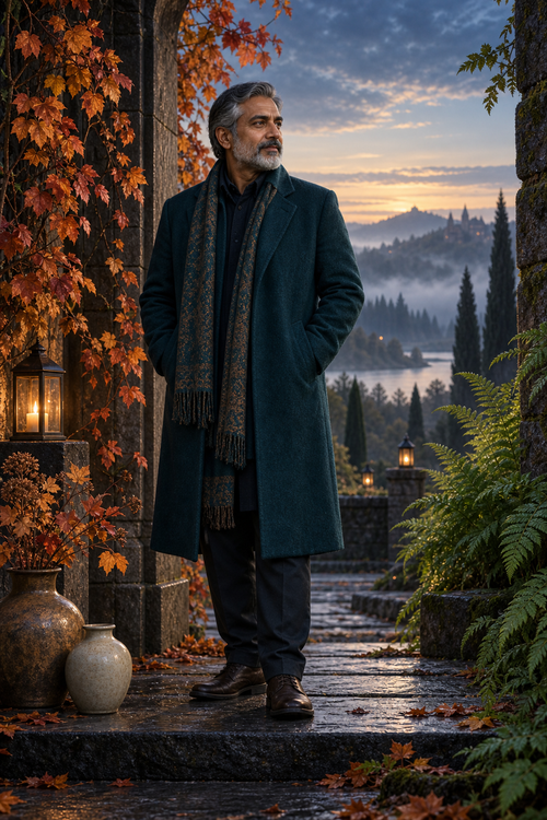A silver-haired South Asian man in a teal coat between copper autumn leaves and green ferns, with two ceramic vessels on a stone threshold.