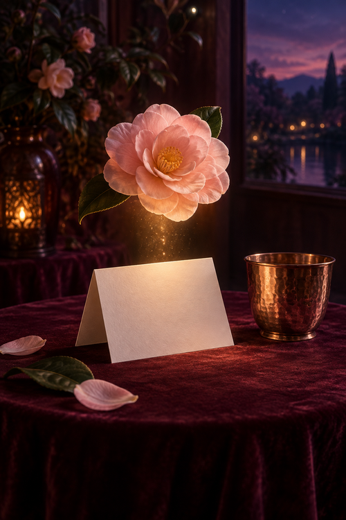 A blush camellia floating above a blank folded card beside a copper cup.