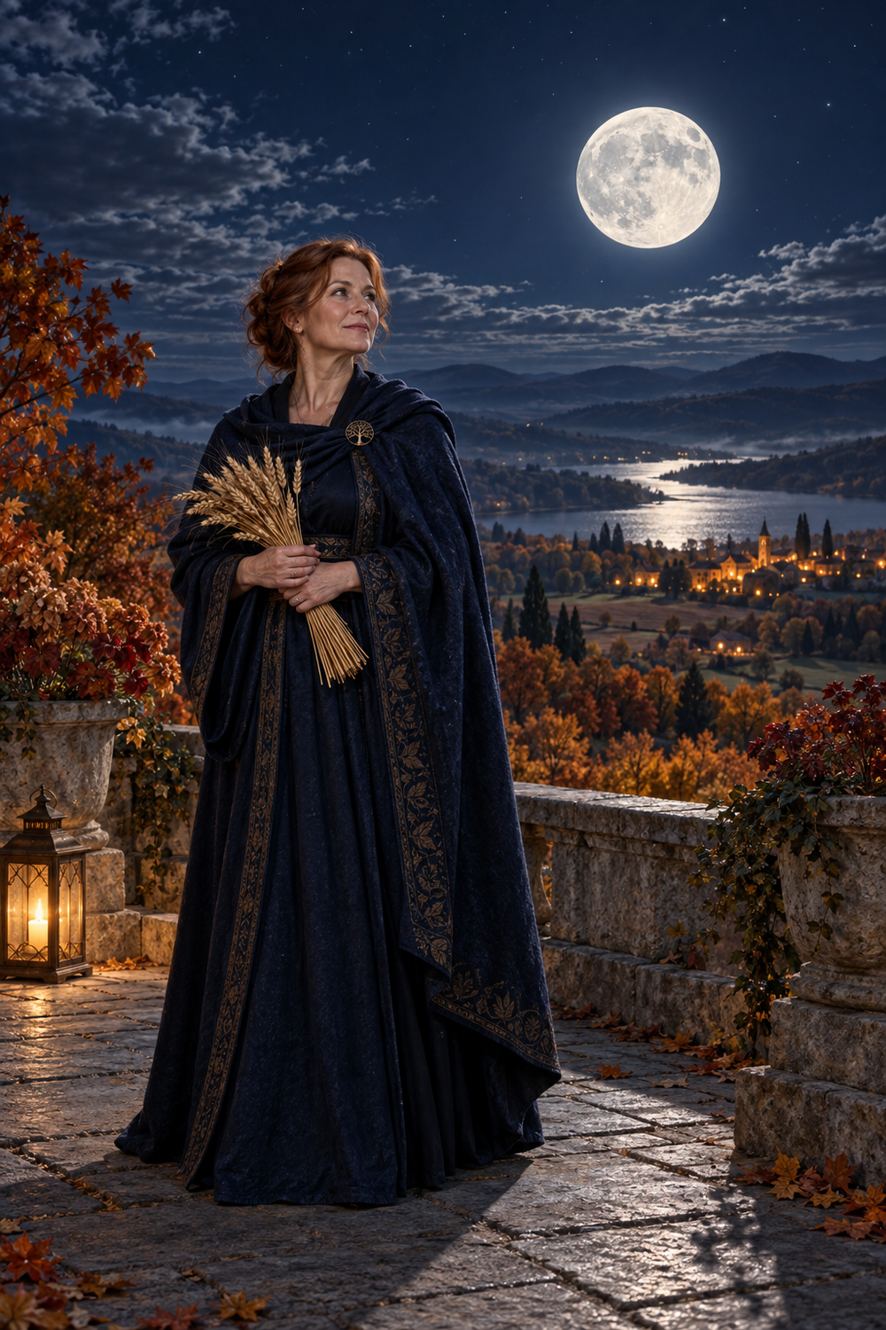 An auburn-haired woman holding a sheaf of wheat on an autumn terrace beneath a fully illuminated full Moon.