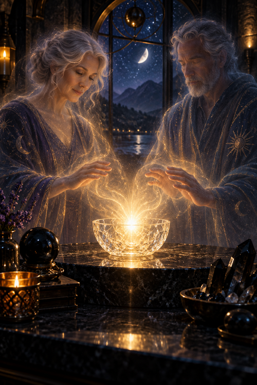 Two softly translucent mature figures in dark robes hold their hands around a bright golden light in a clear crystal bowl inside an obsidian sanctuary.