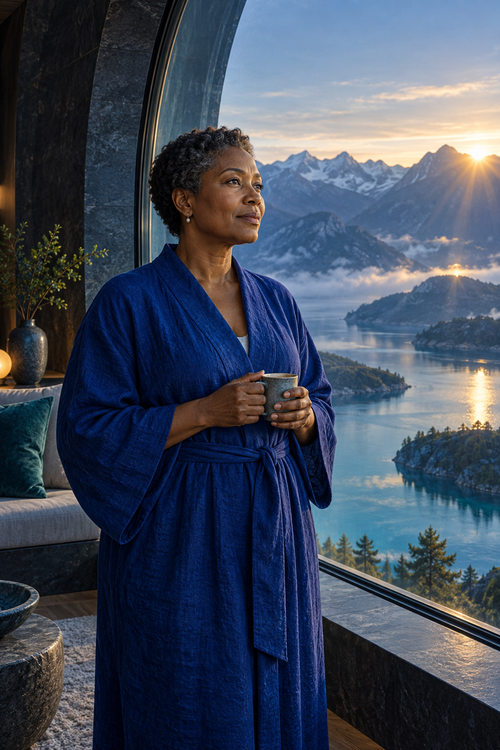 A mature Black woman in cobalt linen holding a cup beside a curved window overlooking a mountain lake at dawn.