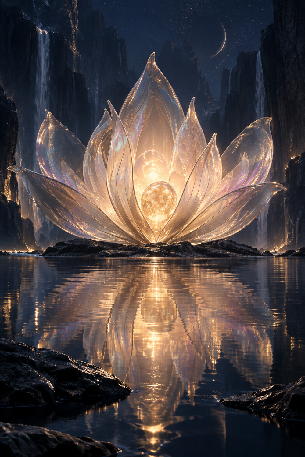 Pearlescent petals opening around a warm light above a blue lagoon