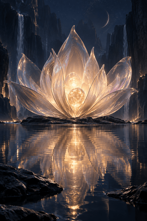 Pearlescent petals opening around a warm light above a blue lagoon