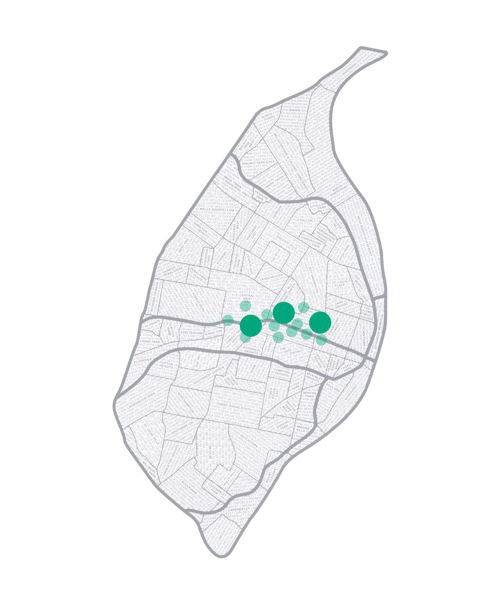 Map of a city with district labels in the background and five teal circle markers of different sizes clustered in the central area.