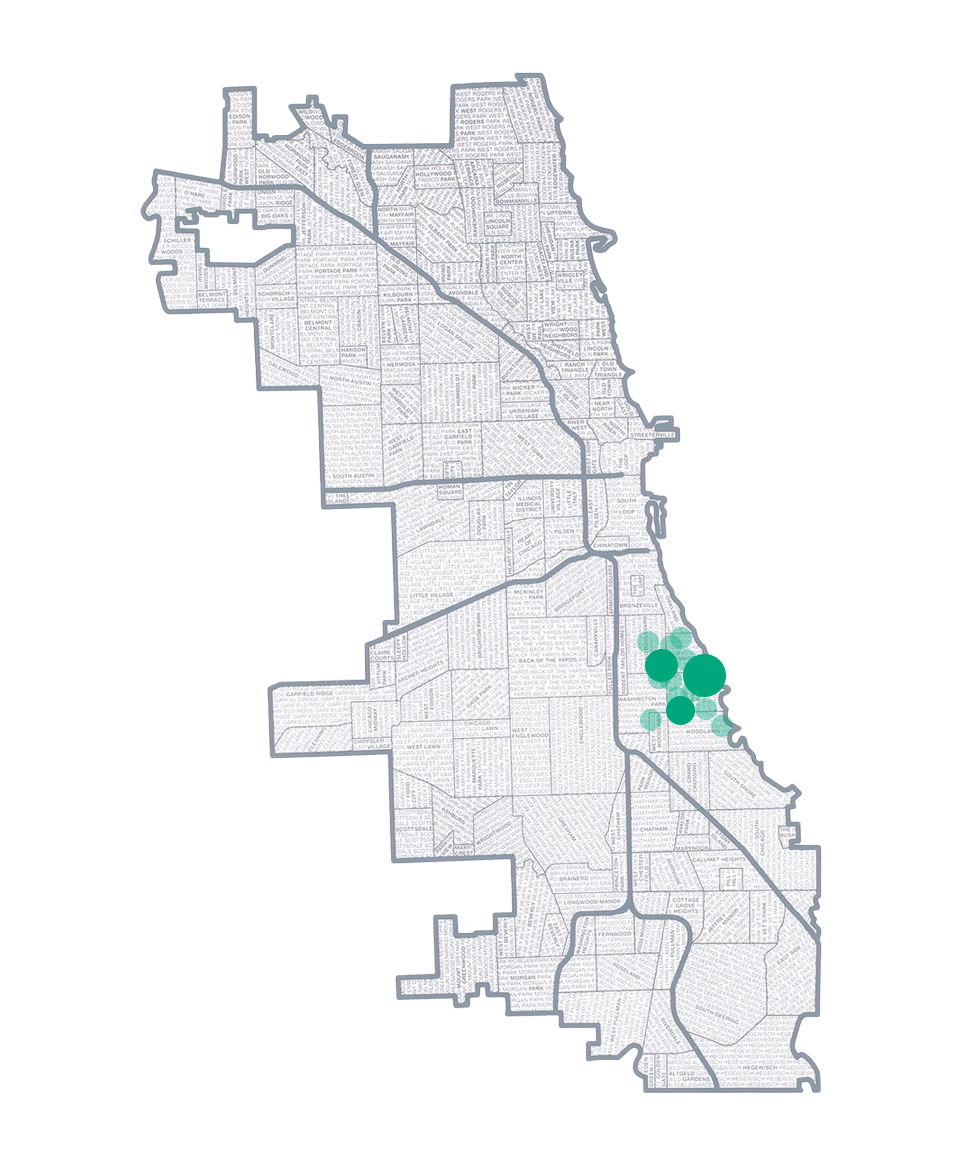 Map of Chicago neighborhoods with green circles indicating specific locations.
