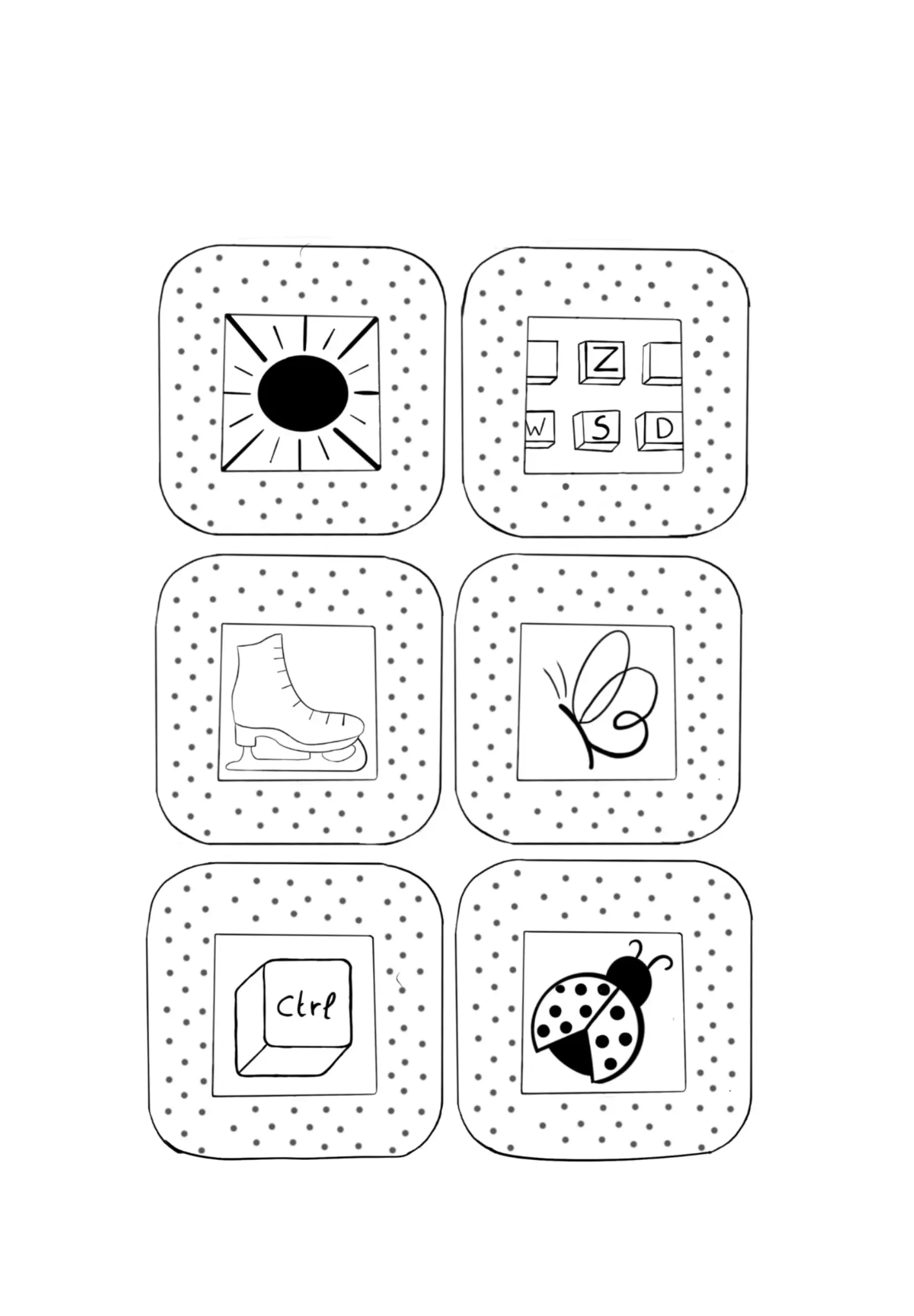 Carte de mémoire avec six images : un soleil, un clavier avec des touches 'Z', 'W', 'S', 'D', une chaussure de patin à glace, une jolie coccinelle, une touche 'Ctrl', et une libellule.