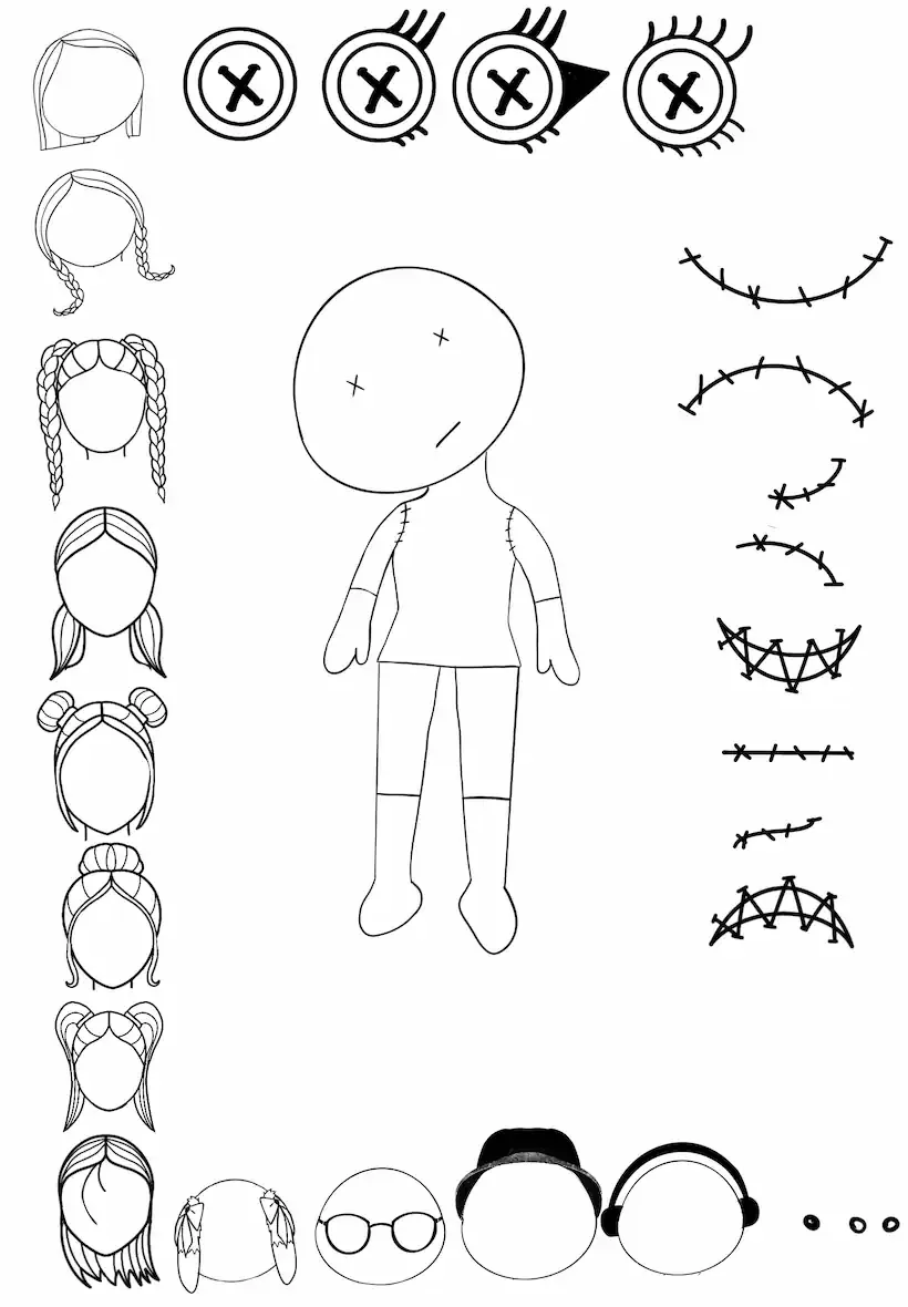 Page de coloriage avec différentes coiffures, un corps en étape de maquillage, des yeux, sourcils, oreilles, lunettes, et un casque audio. Des modèles de sourires et de visage.
