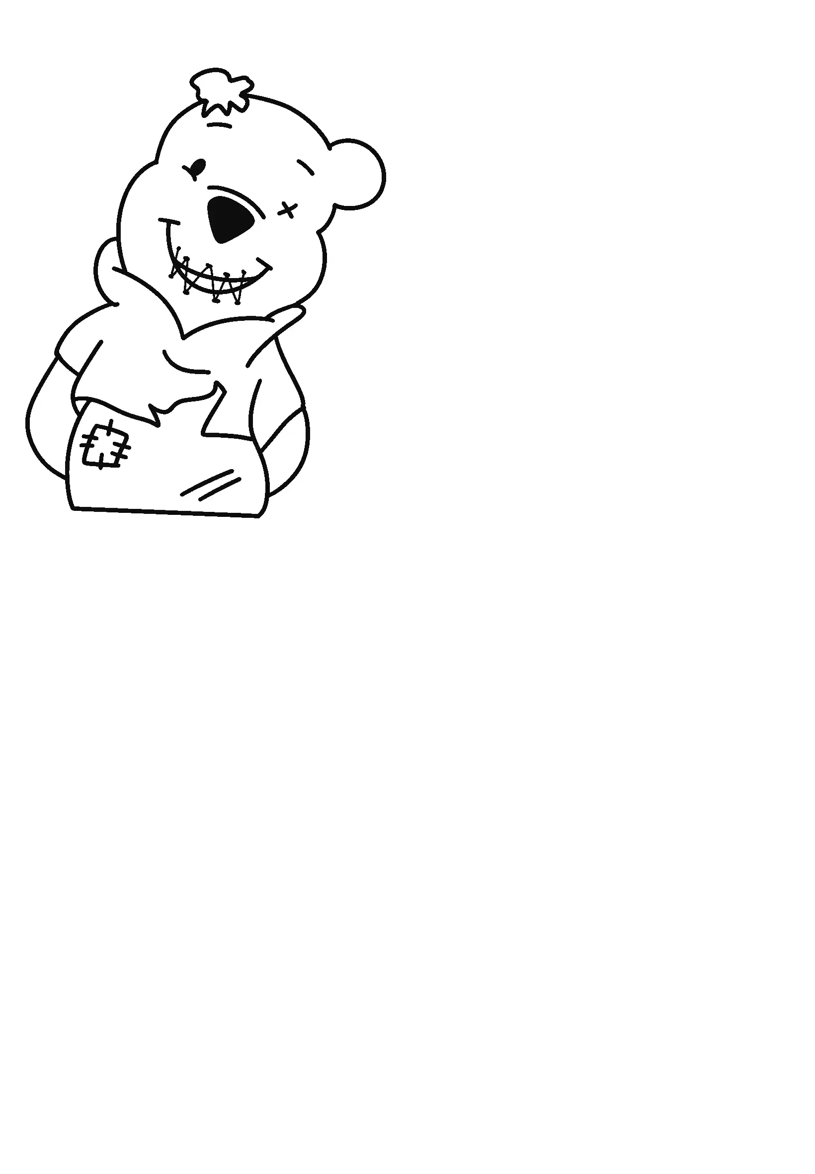 Un dessin noir et blanc d'un personnage de dessin animé avec un visage souriant, portant une veste et une poche.