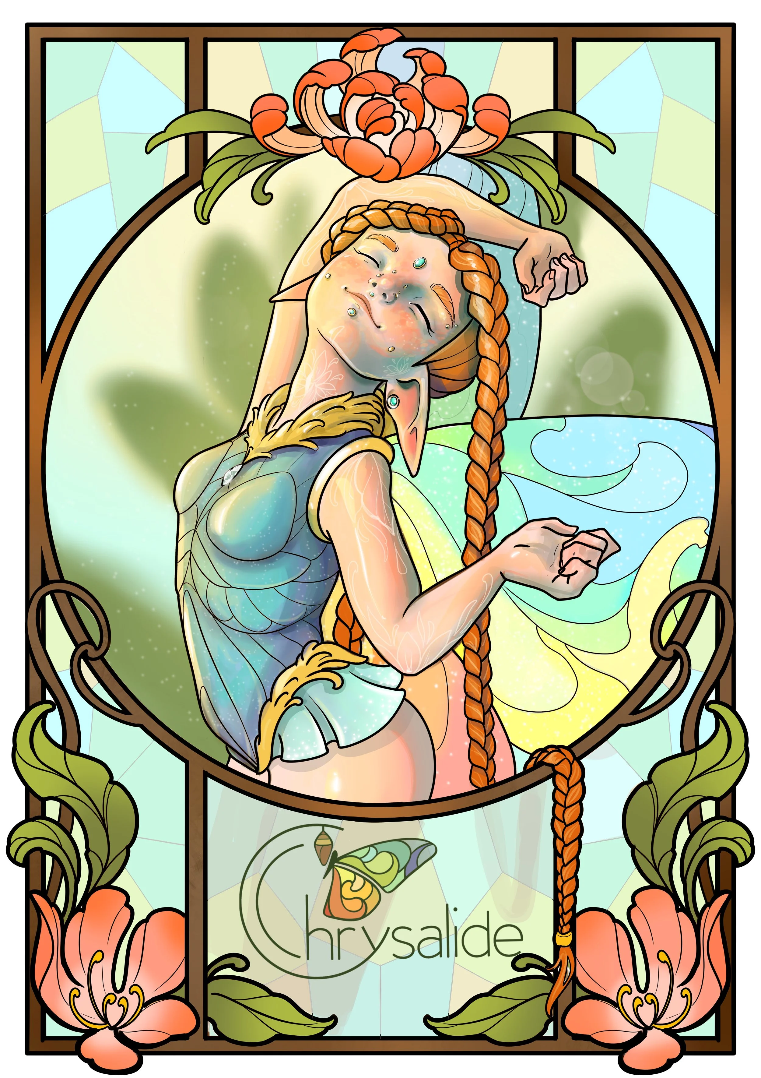 Une illustration de style vitrail représentant une nymphe ou une divinité mythologique aux cheveux longs roux tressés, avec des ailes de sirène, entourée de fleurs, dans un cadre en forme d'arc avec des motifs floraux et un papillon au bas, avec le m