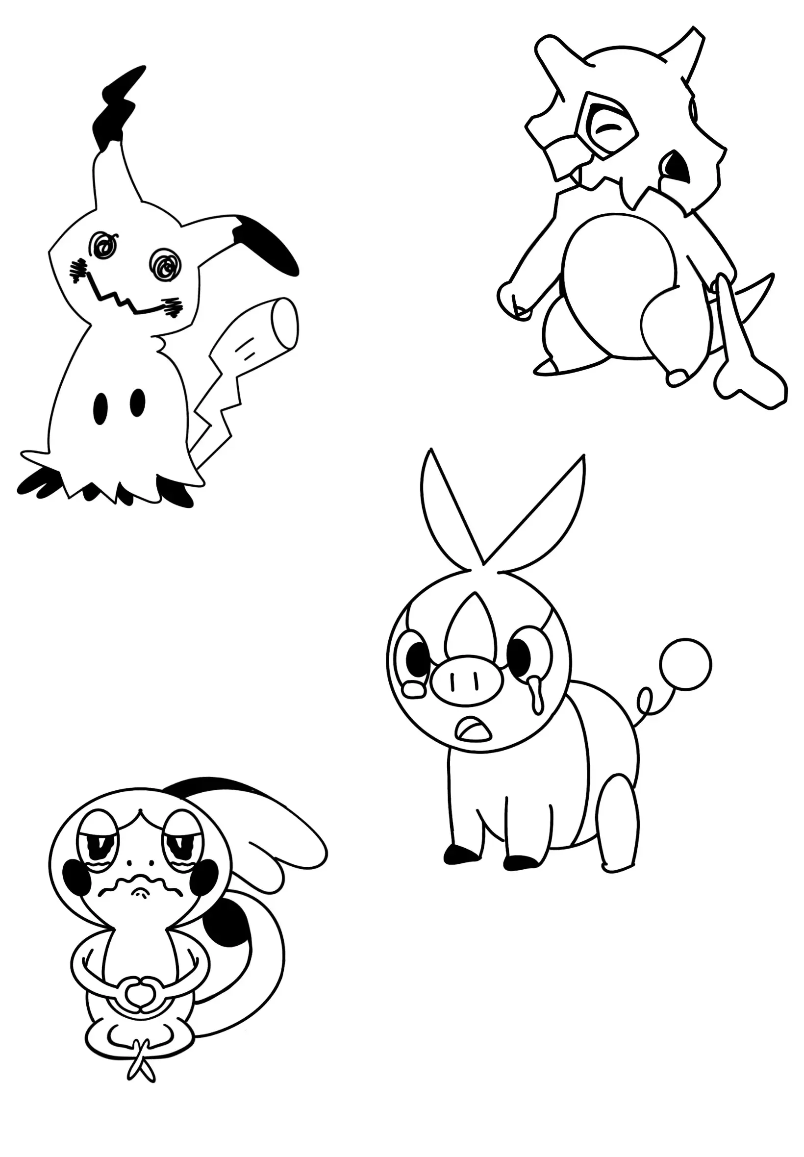 Dessin de cinq Pokémon en noir et blanc, dont Pikachu, Litten, Rowlet, Popplio et Mimikyu.