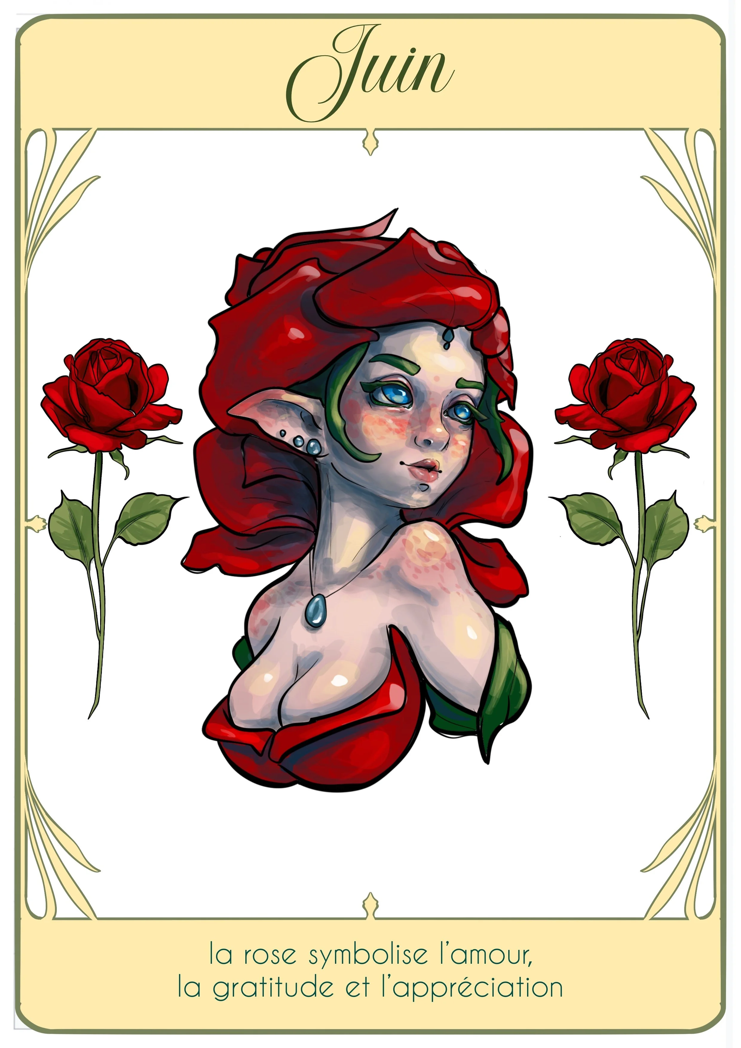 Une illustration d'une femme avec des cheveux rouges, des oreilles pointues, portant un collier avec une pierre bleue, entourée de deux roses rouges, avec un cadre décoratif et le texte 'Juin' en haut et 'la rose symbolise l’amour, la gratitude et l’