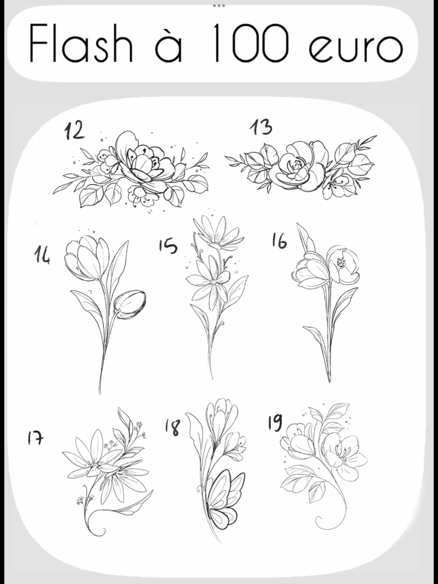 Une affiche avec le texte 'Flash à 100 euro' en haut, avec des illustrations de fleurs numérotées de 12 à 20, dessinées en style de ligne simple.