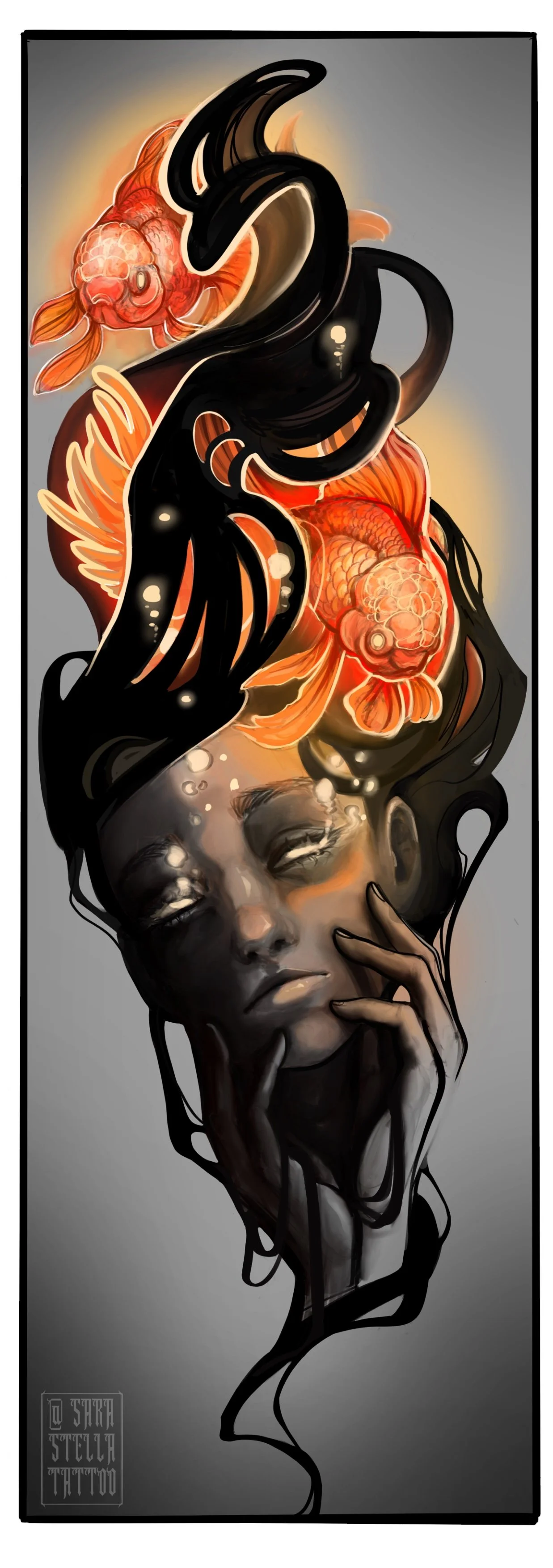 Une œuvre d'art représentant un visage de femme avec des poissons rouges flottant autour et dans ses cheveux noirs, dans un style artistique précis et mystérieux.