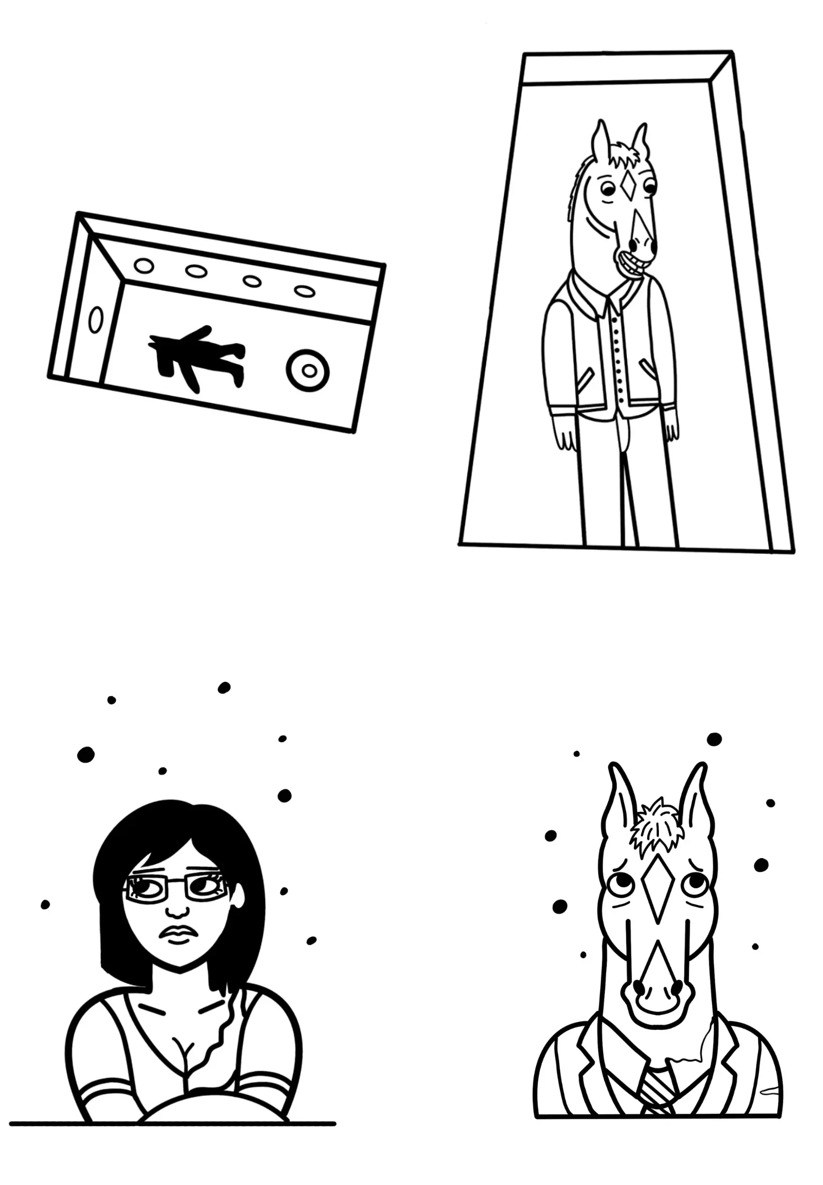 Une illustration en noir et blanc d'un homme avec une tête de cheval, une femme avec des lunettes, et deux affiches ou panneaux avec des images de chevaux. La scène semble représenter un environnement artistique ou un spectacle.