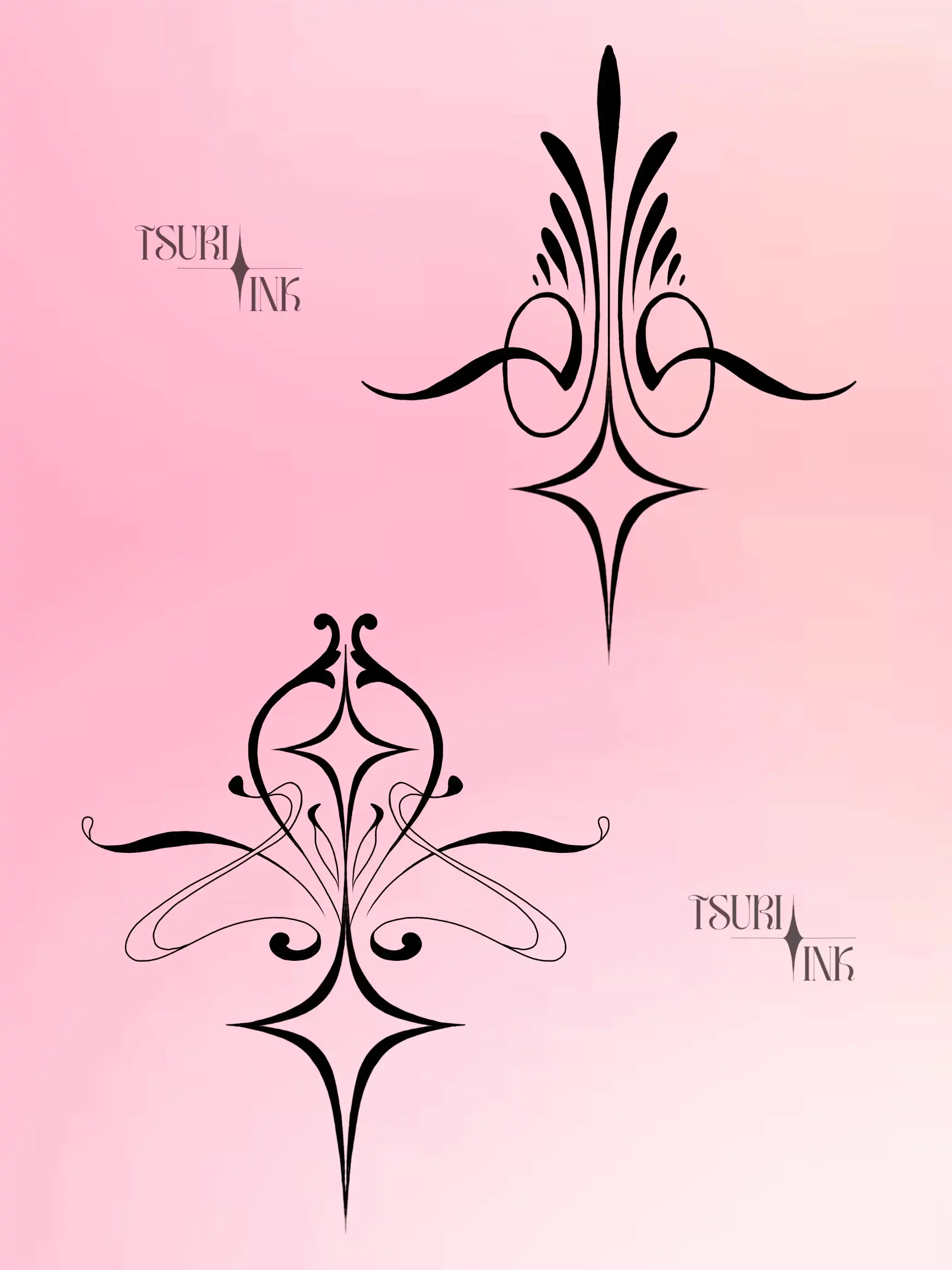 Deux dessins de tatouages noirs stylisés avec motifs floraux et géométriques sur un fond rose clair, portant le texte 'TSURI INK'.