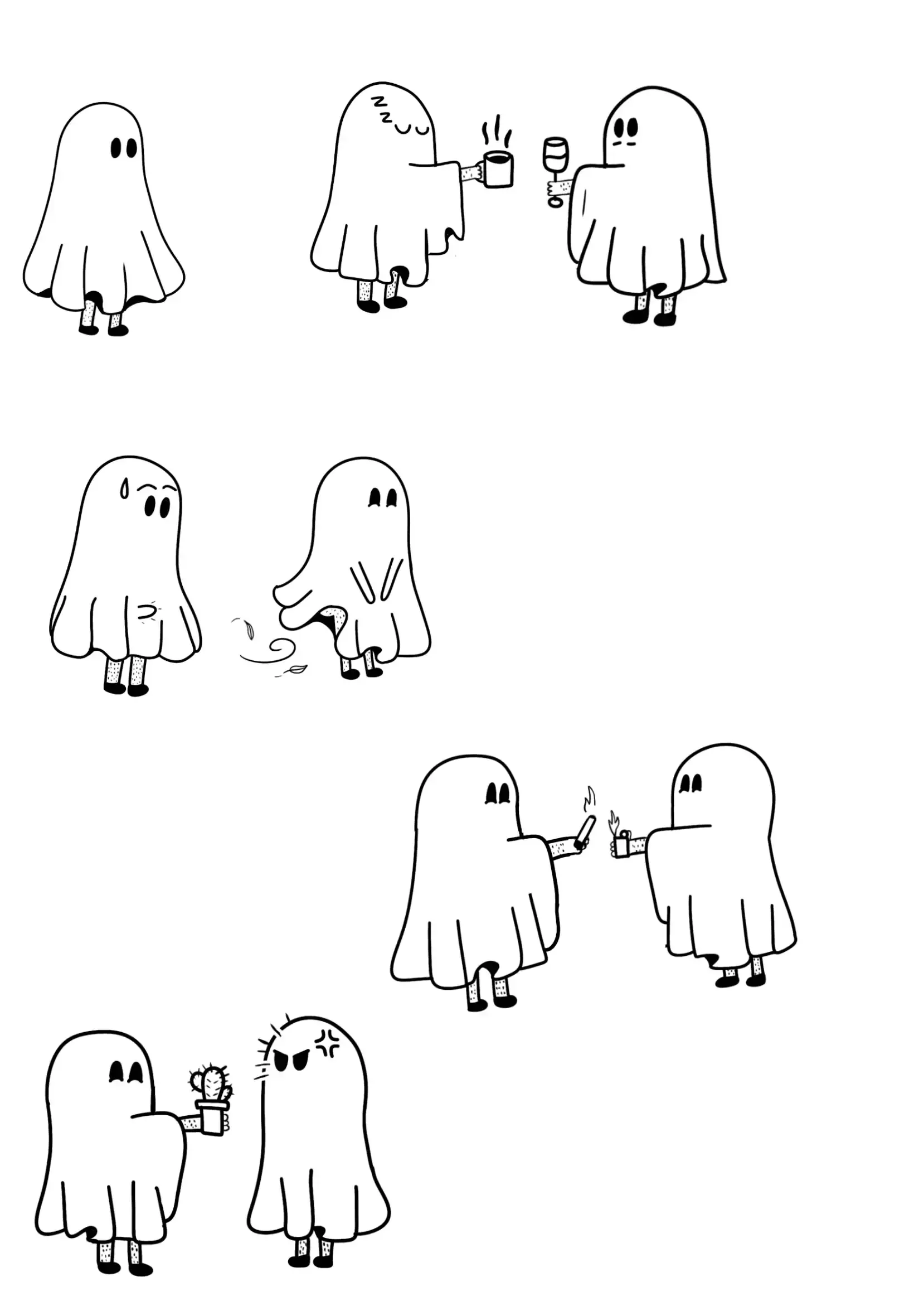 Deux fantômes se retrouvent pour boire, se passer des objets, puis échangent des objets qui prennent feu, terminant par un geste amical avec une plante cactus.
