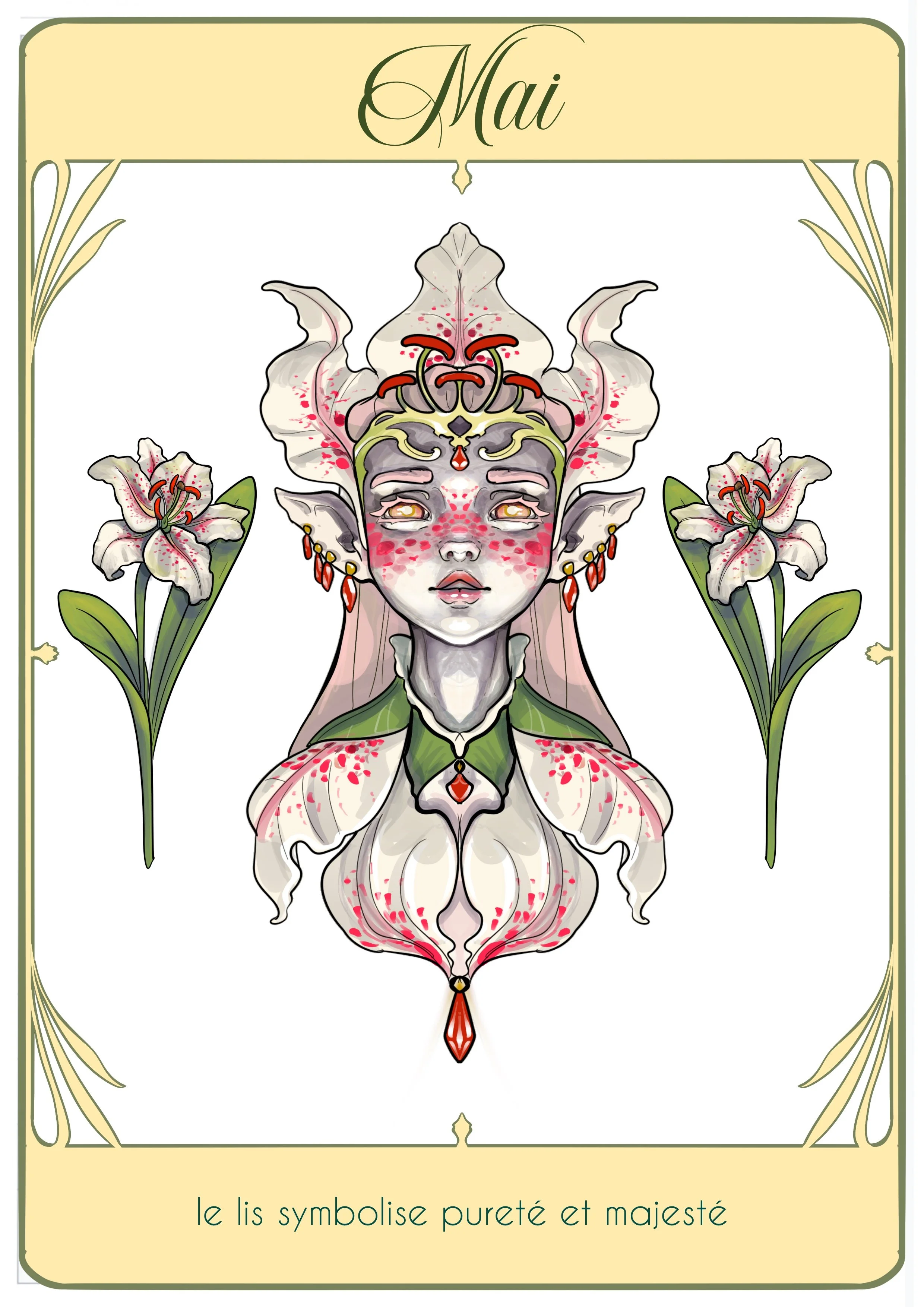 Une illustration artistique d'une créature mitologique avec des éléments floraux. Le texte indique 'Mai' et 'le lis symbolise pureté et majesté'.