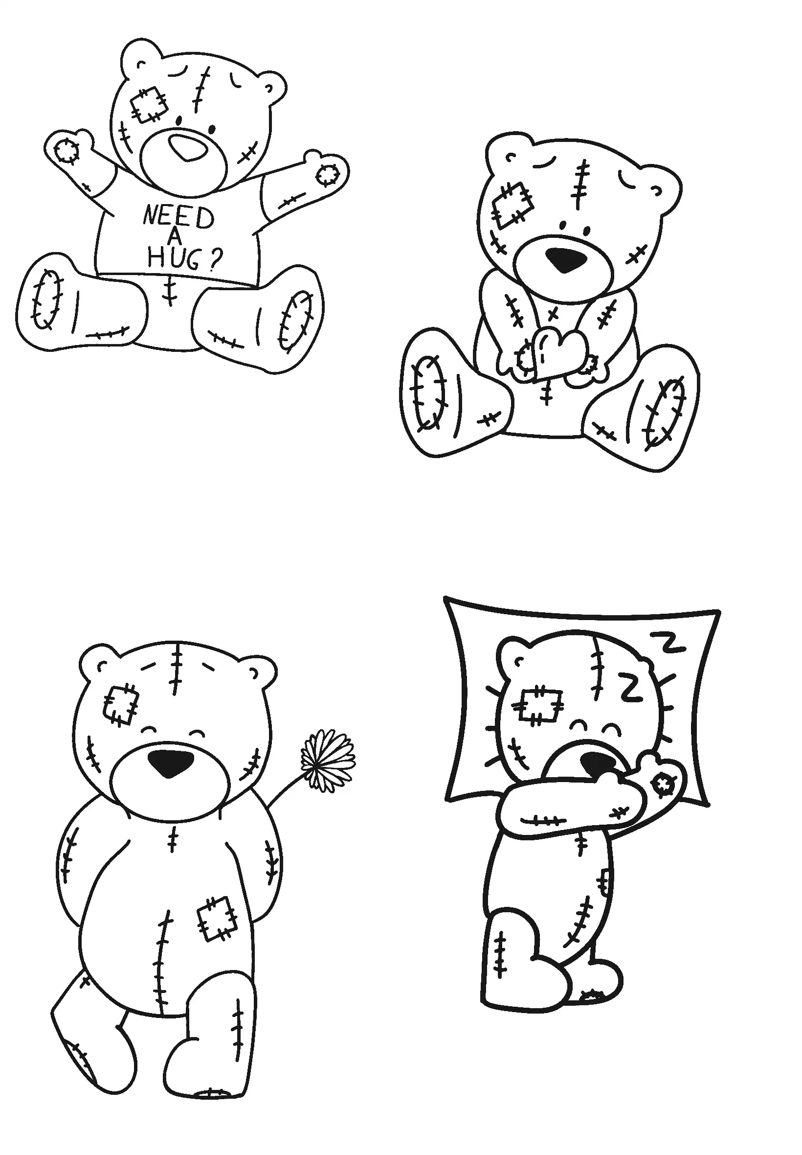 Un dessin de quatre ours en peluche avec des cicatrices, dans différentes positions : un assis avec un message "Need a hug?" sur la t-shirt, un assis avec un cœur, un marchant avec une fleur, et un debout tenant un oreiller, tous en noir et blanc.