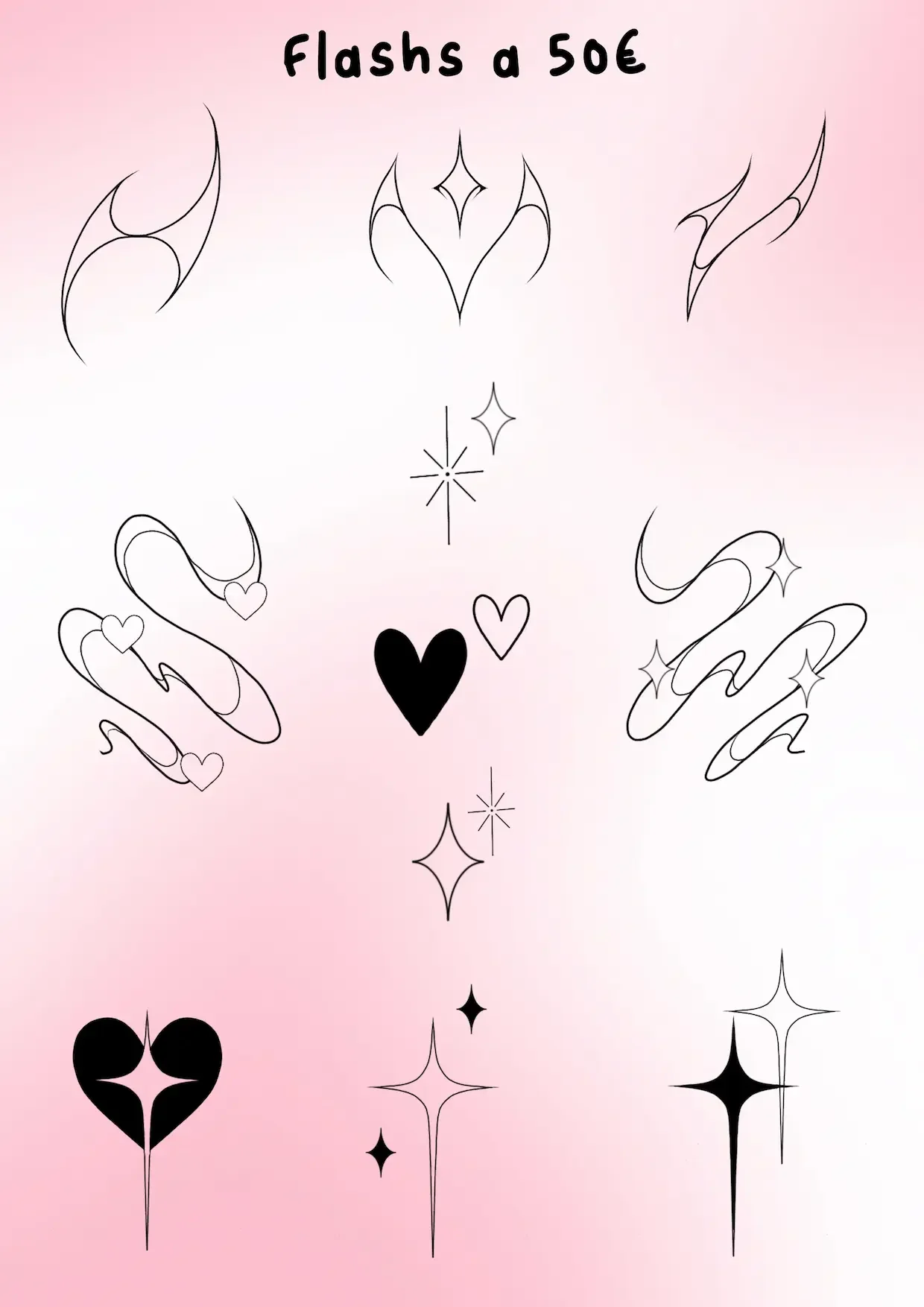 Différents tatouages de motifs de style tribal, de cœurs, d'étoiles et de tours, avec texte en français "Flashs à 50€" sur un fond dégradé rose et blanc.