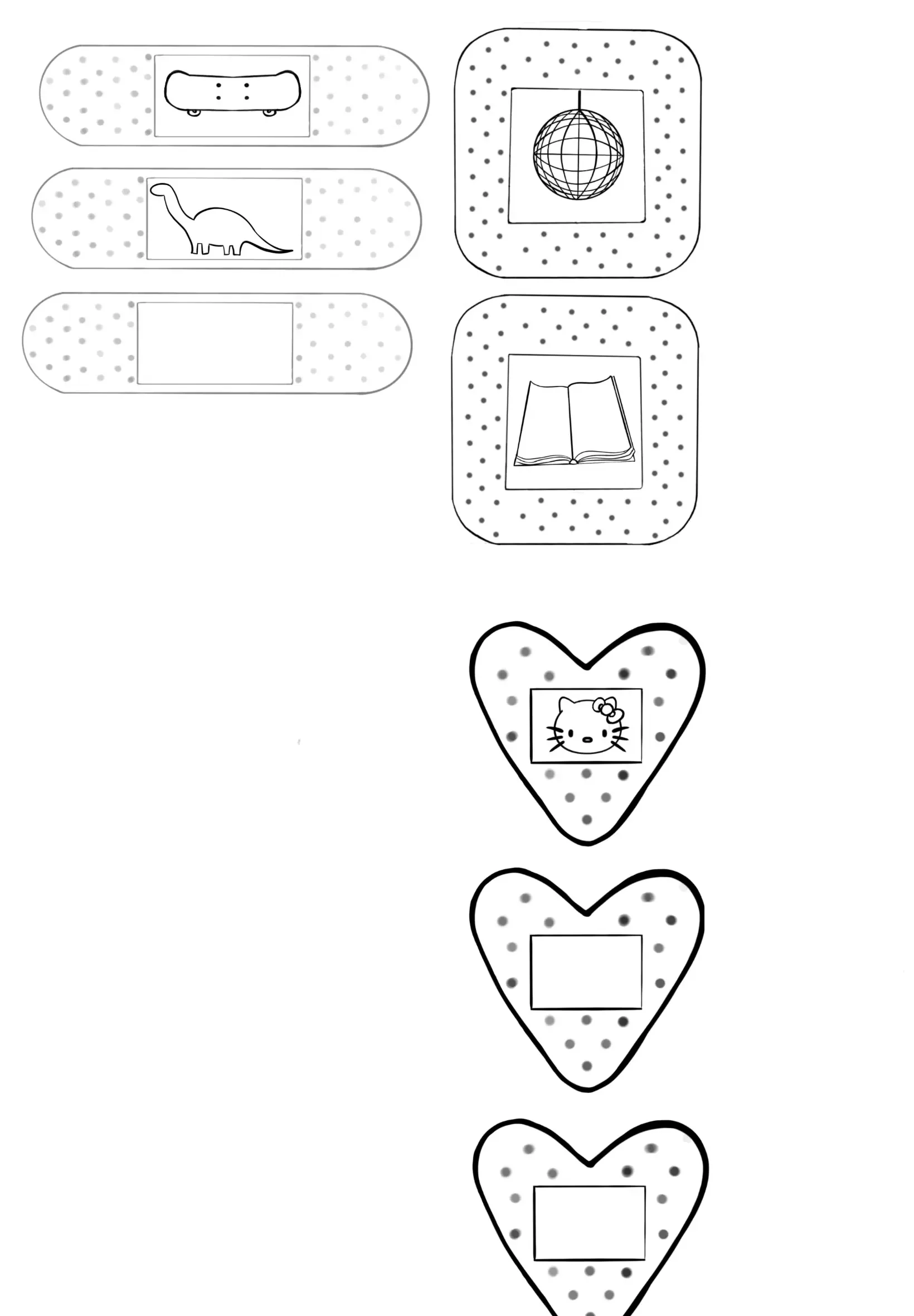 Une image de coloriage avec différentes images à associer à leurs noms : un skatebord, un dinosaure, une boule disco, un livre et un chat avec un nœud papillon. Le dessin contient aussi des coeurs avec des espaces pour colorier ou écrire.