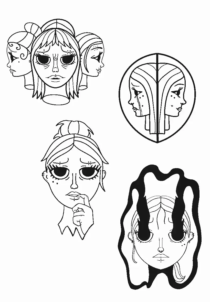 Dessins de visages de femmes avec différentes expressions et styles, certains avec des motifs ou des éléments artistiques autour, en noir et blanc.
