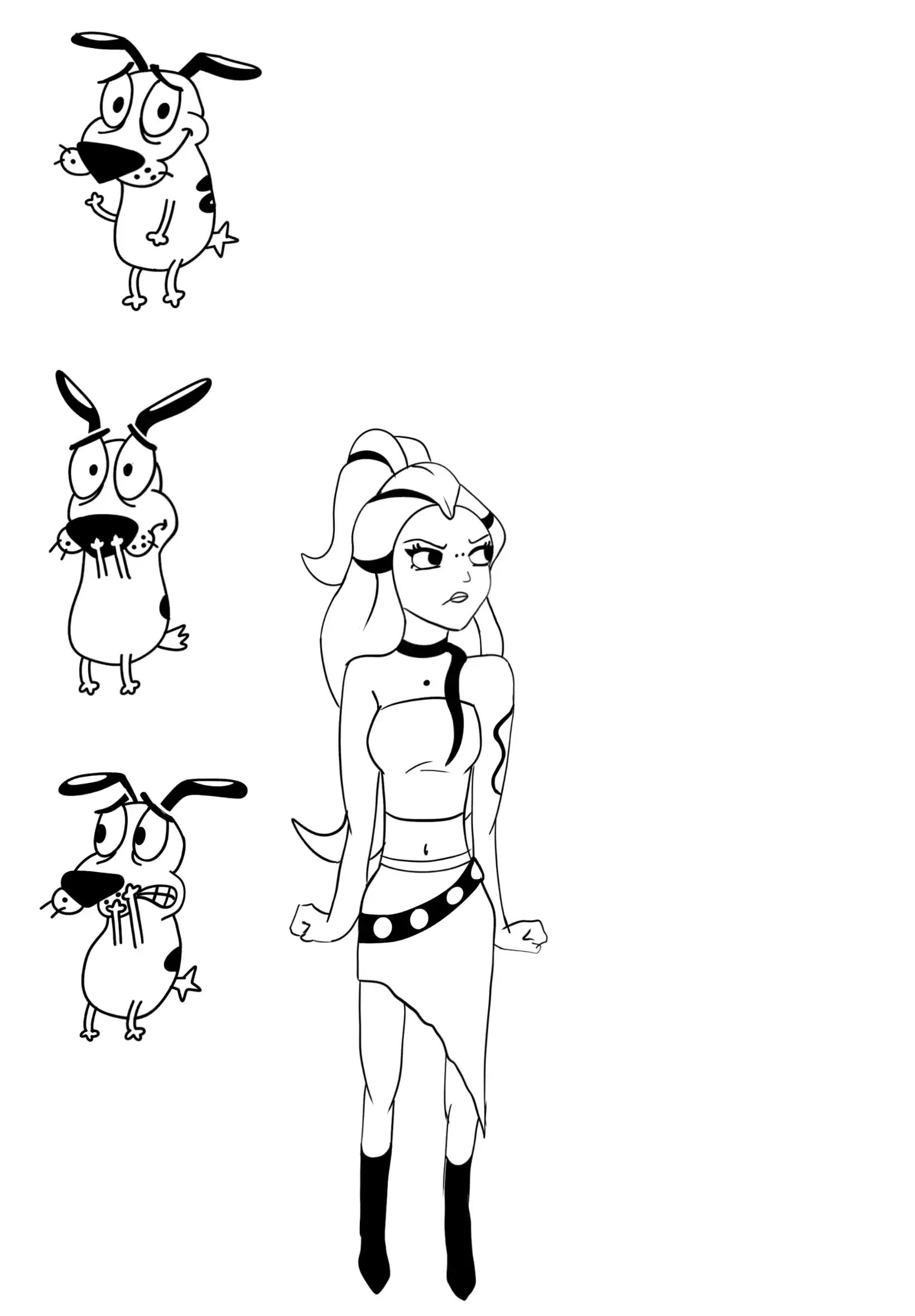 Trois dessins de lapins étranges à gauche et une illustration d'une femme avec une tenue futuriste ou fantastique à droite.