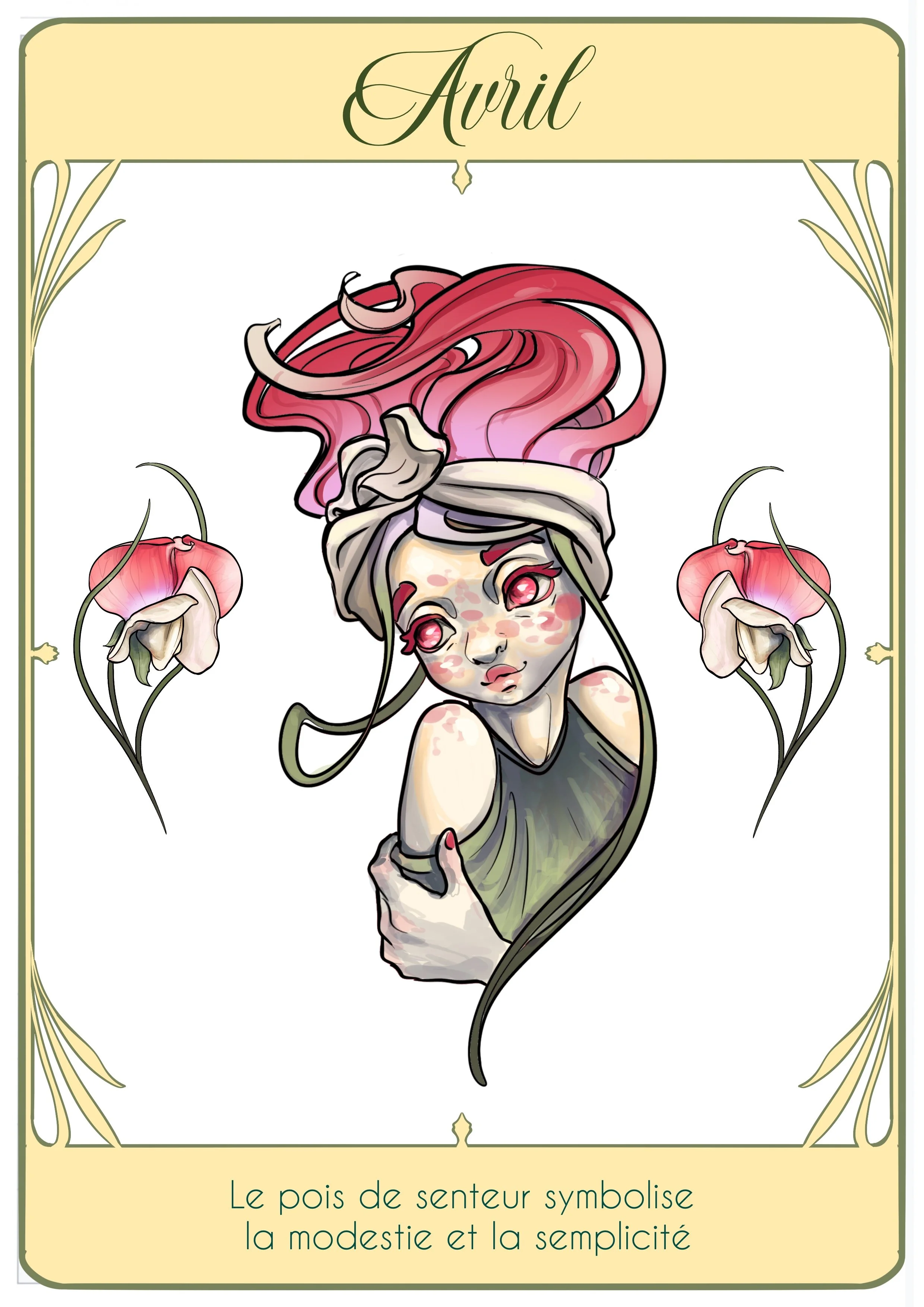 Une illustration d'une femme avec une coiffure rose et une robe verte sombre, entourée de fleurs de pensée. Le texte indique qu'il représente avril et évoque la modestie et la simplicité.