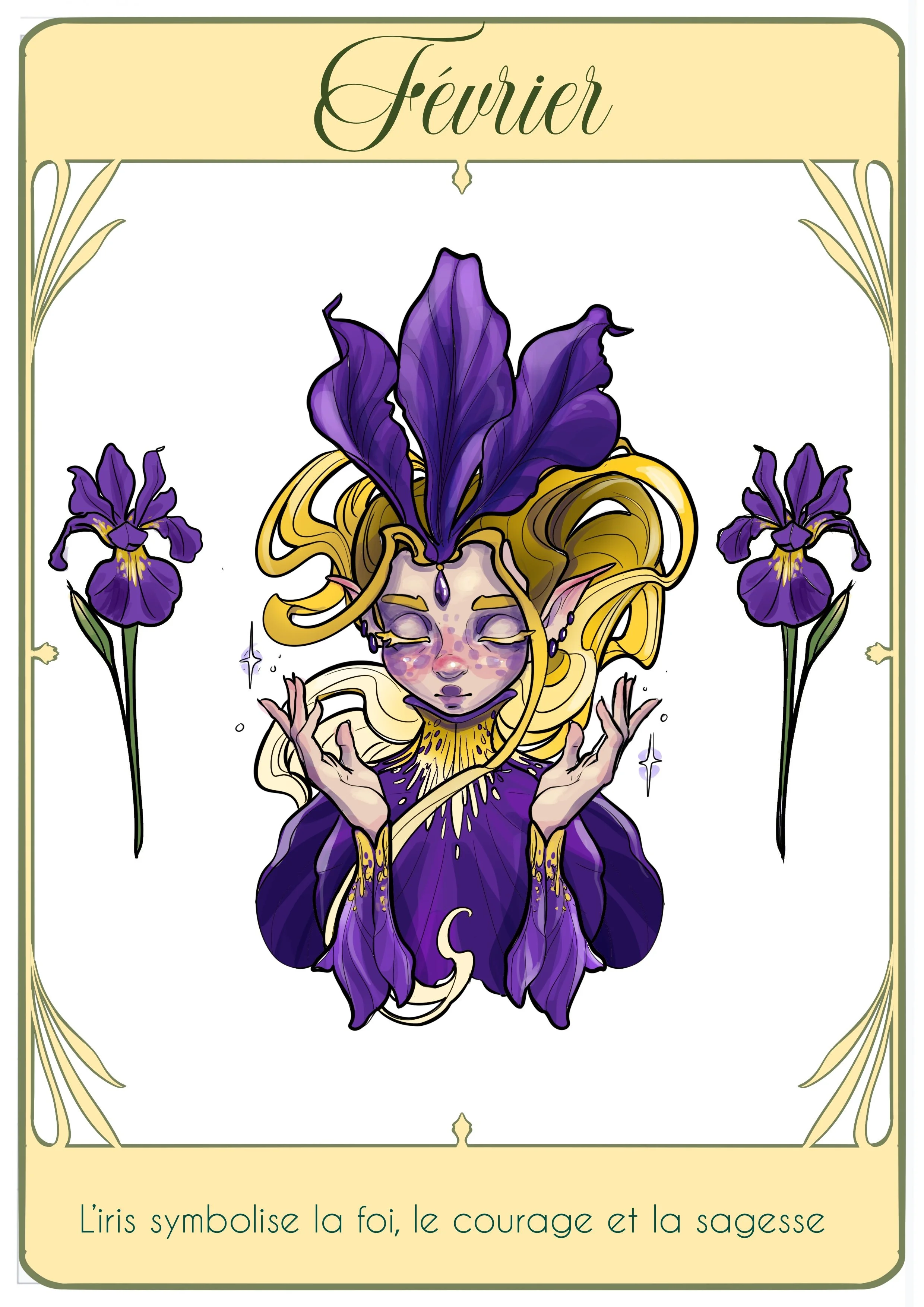 Une illustration d'une fée avec des iris violets, symbolisant la foi, le courage et la sagesse, avec un cadre ornemental et le mot 'Février' en haut.