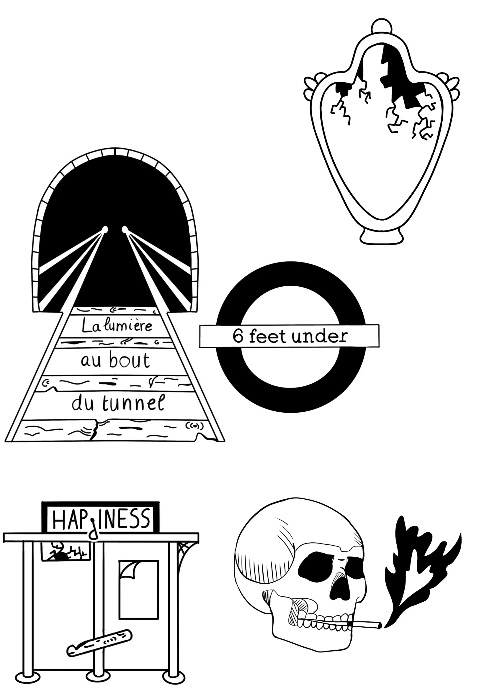 Diagramme en noir et blanc de différentes illustrations : un tunnel avec une inscription "La lumière au bout du tunnel" et une indication "6 feet under"; une urne funéraire fissurée; une enseigne "HAPPINESS" au-dessus d'une porte de bâtiment avec une
