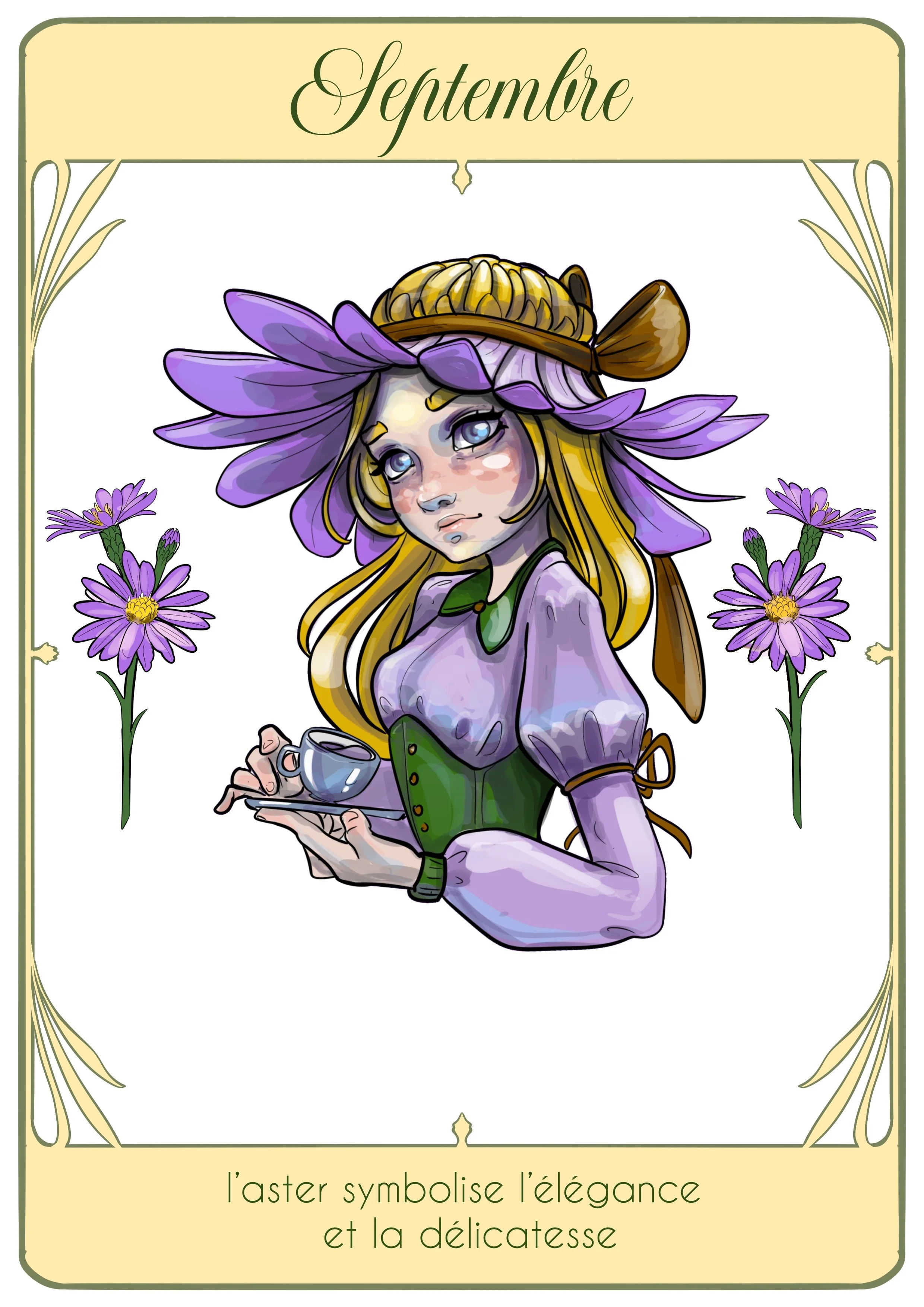 Une illustration d'une jeune femme avec des cheveux blonds, portant un chapeau en forme de noix, décoré de fleurs violettes, tenant une tasse, avec des fleurs violettes en arrière-plan, représentant le mois de septembre, symbolisant l'élégance et la 