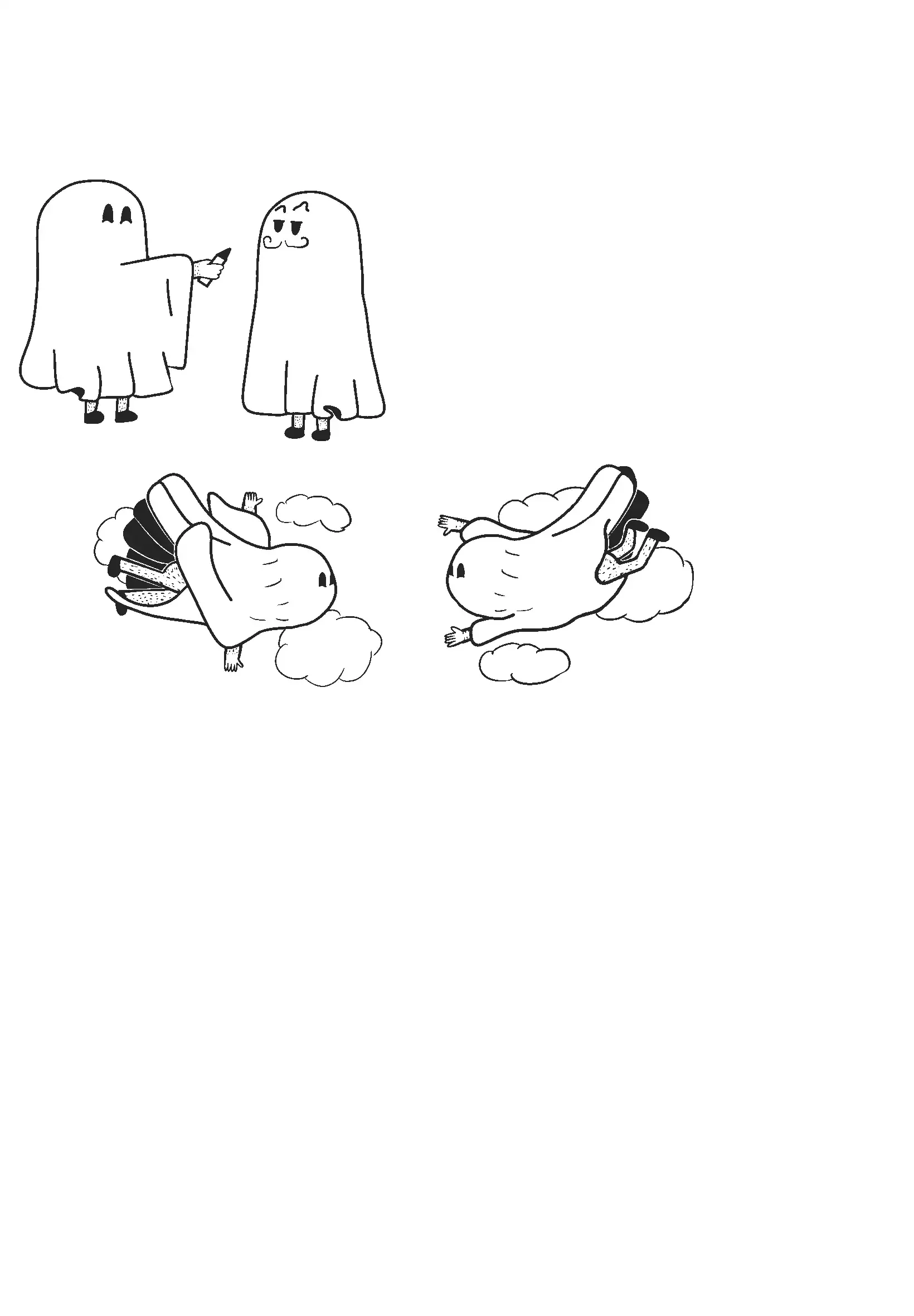 Deux fantômes discutent, un tenant une note, deux fantômes couché sur des nuages en forme de fantômes.