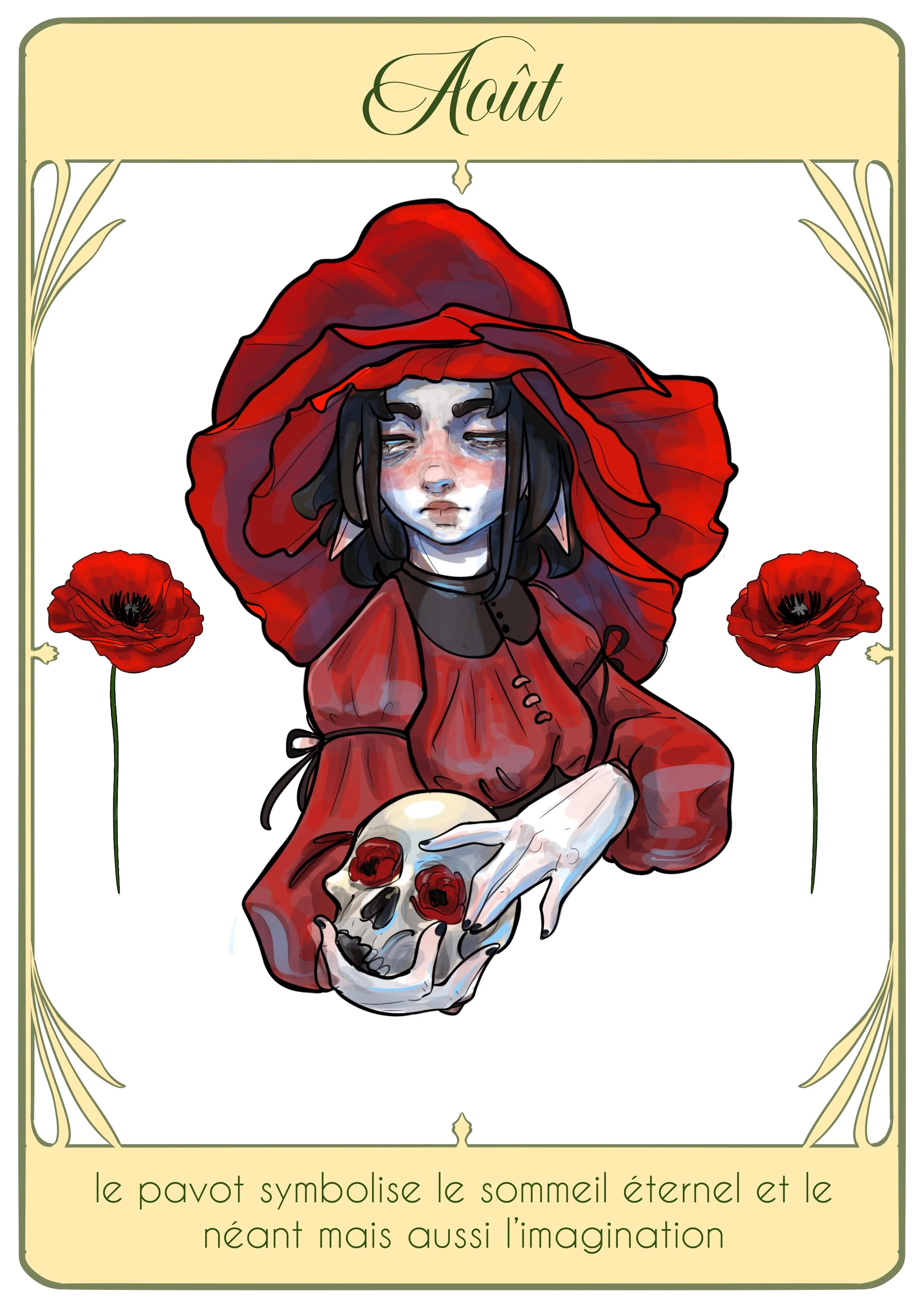 Une illustration d'une jeune femme avec un chapeau rouge, tenant un crâne avec des roses dans les orbites. Deux fleurs de pavot sont présentes de chaque côté. Texte en français au bas : 'le pavot symbolise le sommeil éternel et le néant mais aussi l’