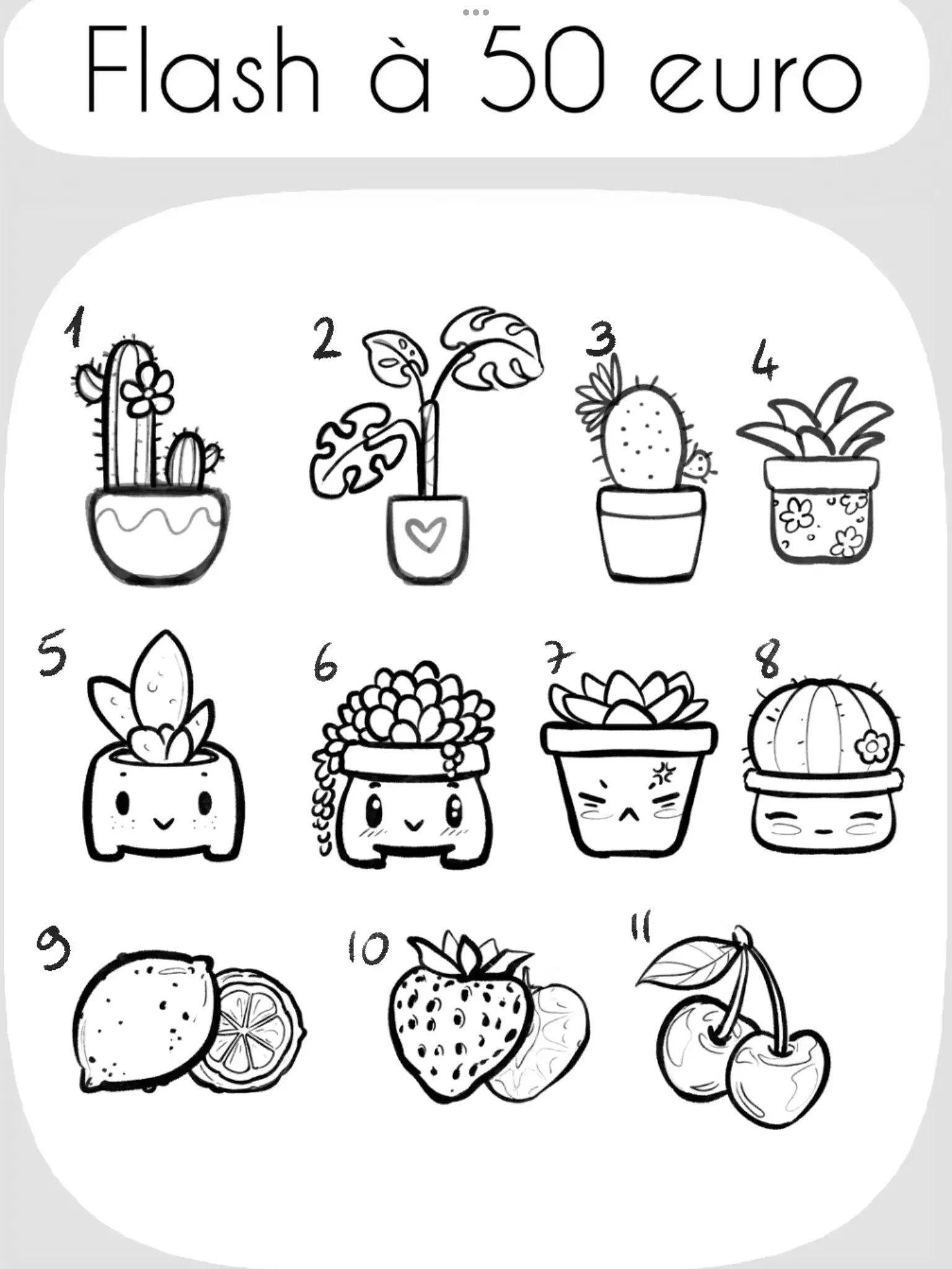 Illustration de différentes plantes en pots, certaines ayant des traits de visage, avec le texte 'Flash à 50 euro' en haut.
