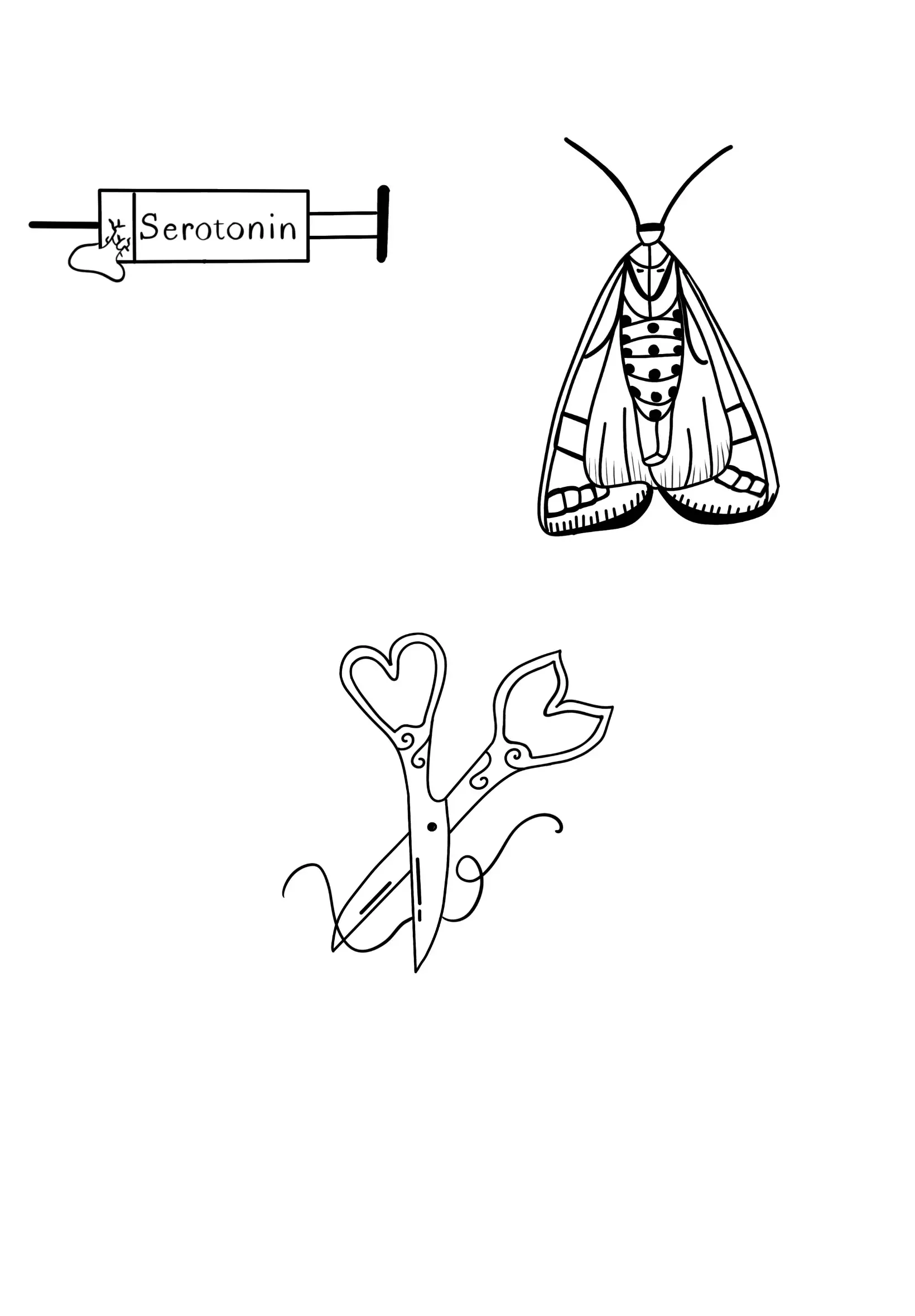 Une seringue contenant de la sérotonine, un papillon coloré et des ciseaux en forme de cœur, illustration en noir et blanc.