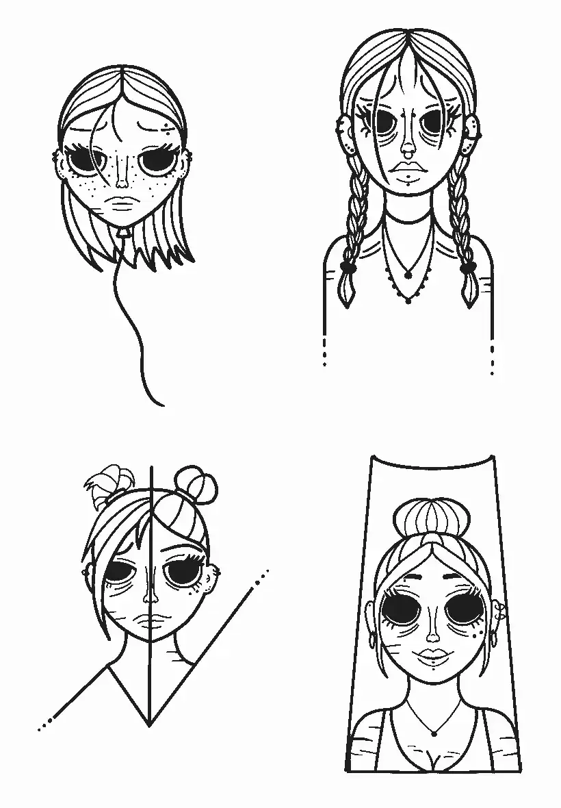 Quatre dessins de visages de femmes avec de grands yeux et des styles variés, dont une avec des tresses, une avec une coiffure en chignon, une avec des oreilles percées, et une sous une tente ou un cadre.