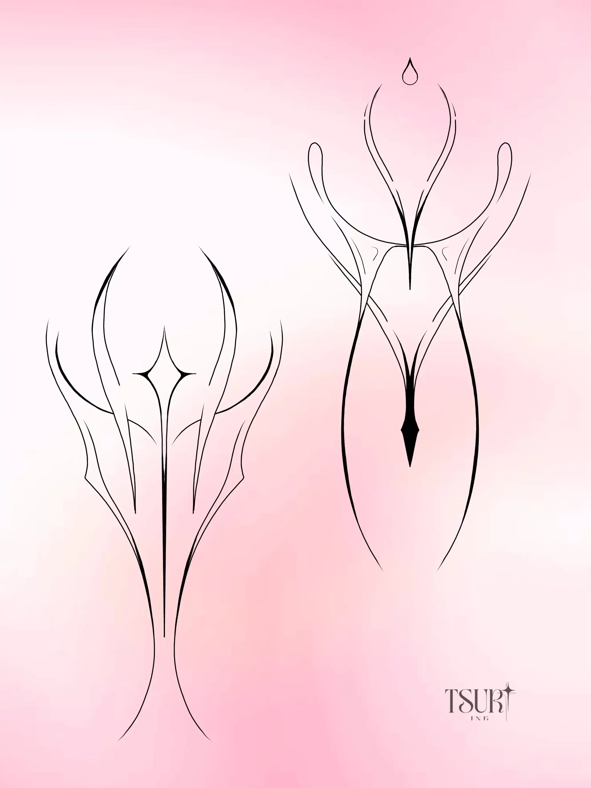Deux tatouages abstraits en ligne noire sur un fond dégradé rose pâle, avec le texte 'TSURI' en bas à droite.